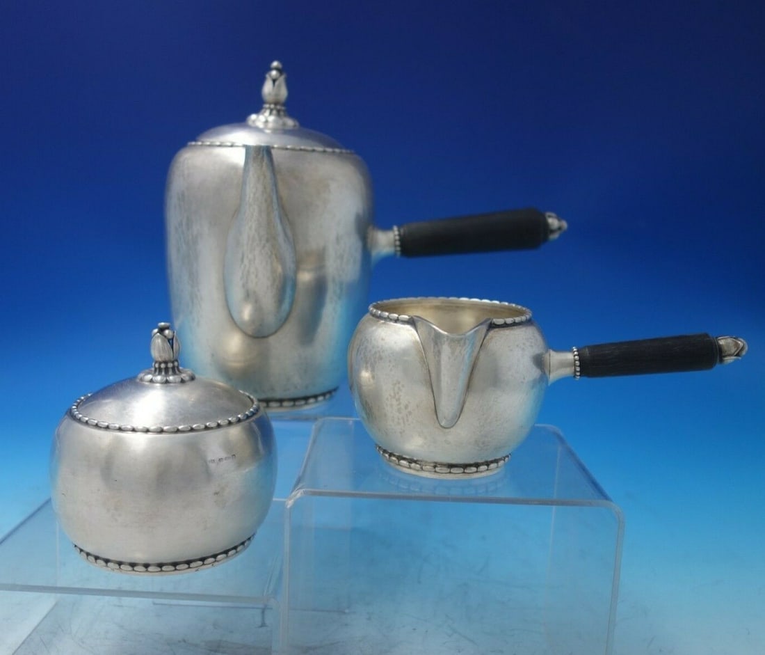 Georg Jensen Beaded Sterling Silver Chocolate Pot Set 3pc with Ebony Handles (1 of 12)