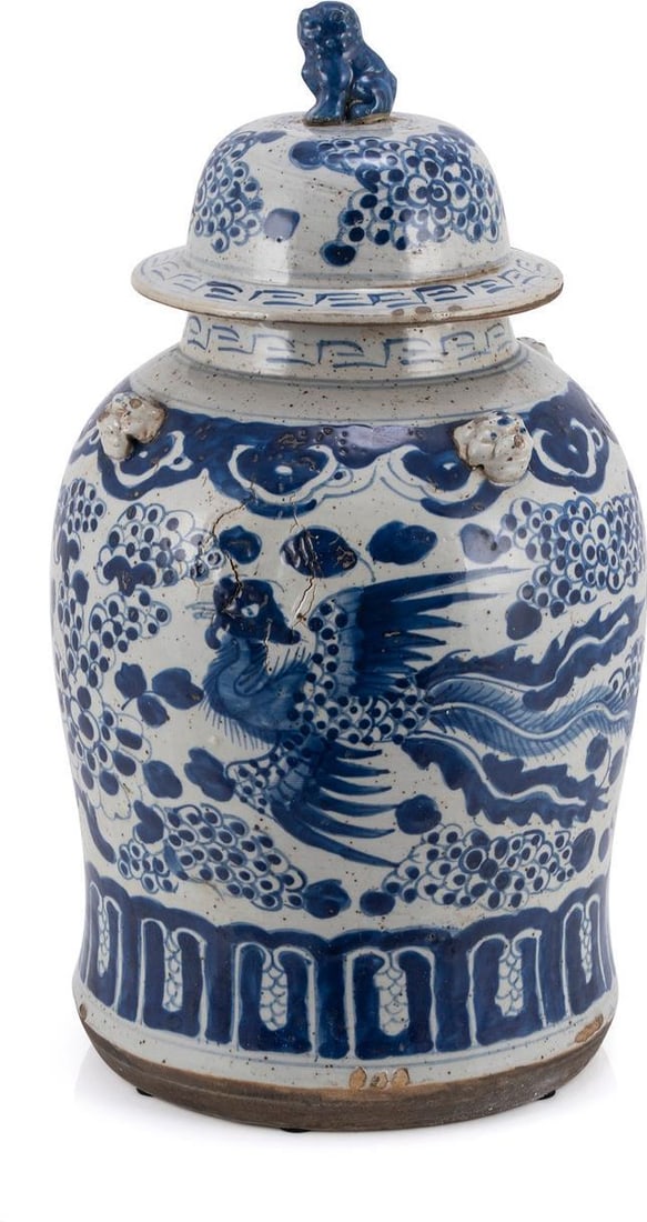 Chinoiserie Style Handcrafted Blue White Ceramic Temple Jar (1 of 4)