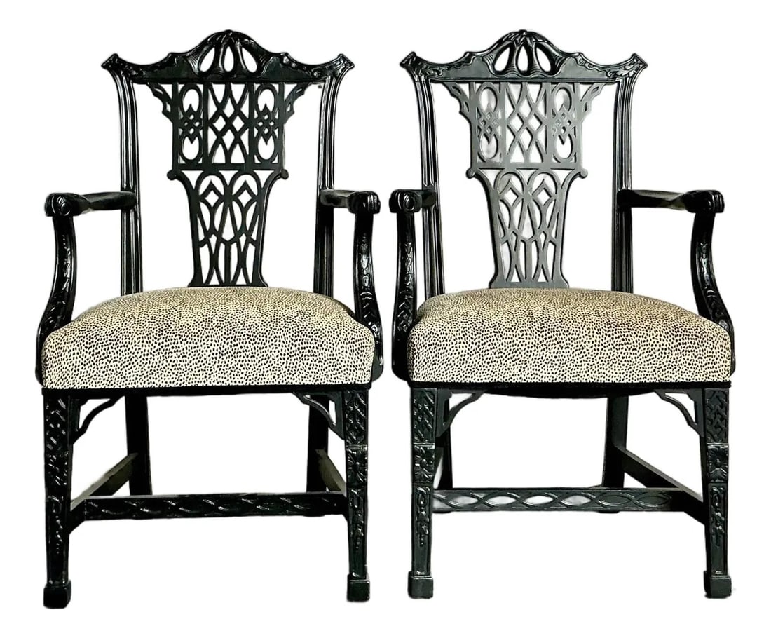 Pair of Black Lacquer Pagoda Armchairs with Leopard Upholstery Hollywood Regency Style: Pair of Black Lacquer Pagoda Armchairs with Leopard Upholstery Hollywood Regency Style This pair of vintage Regency armchairs presents a bold blend of classic Georgian and Chippendale elements with Ho