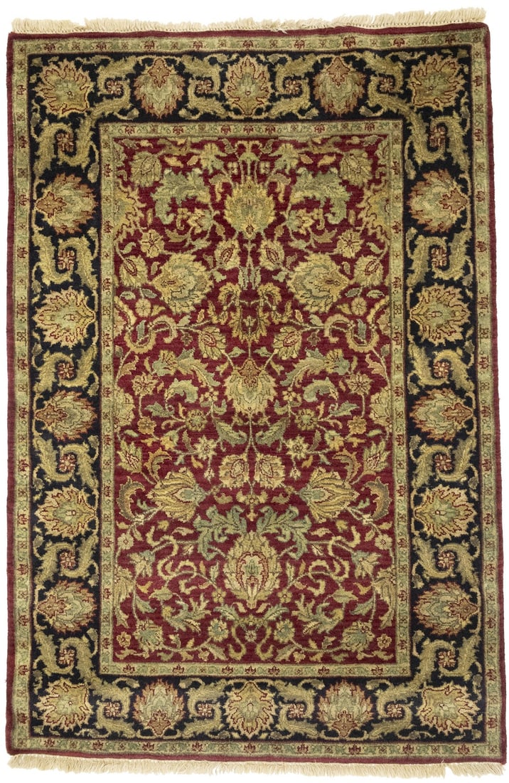 4x6 Hand-Knotted Wool Floral Area Rug from India: 4x6 Hand-Knotted Wool Floral Area Rug from India This handmade 4x6 Oriental rug features a classic floral design in shades of red, charcoal, cream, beige, gold, green, and brown. Crafted in India usin