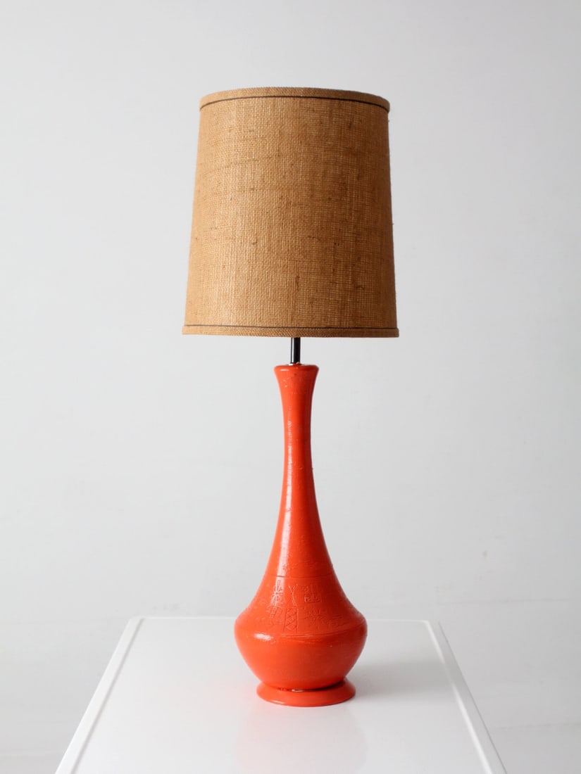 Orange Glazed Ceramic Table Lamp with Original Burlap Shade (1 of 15)
