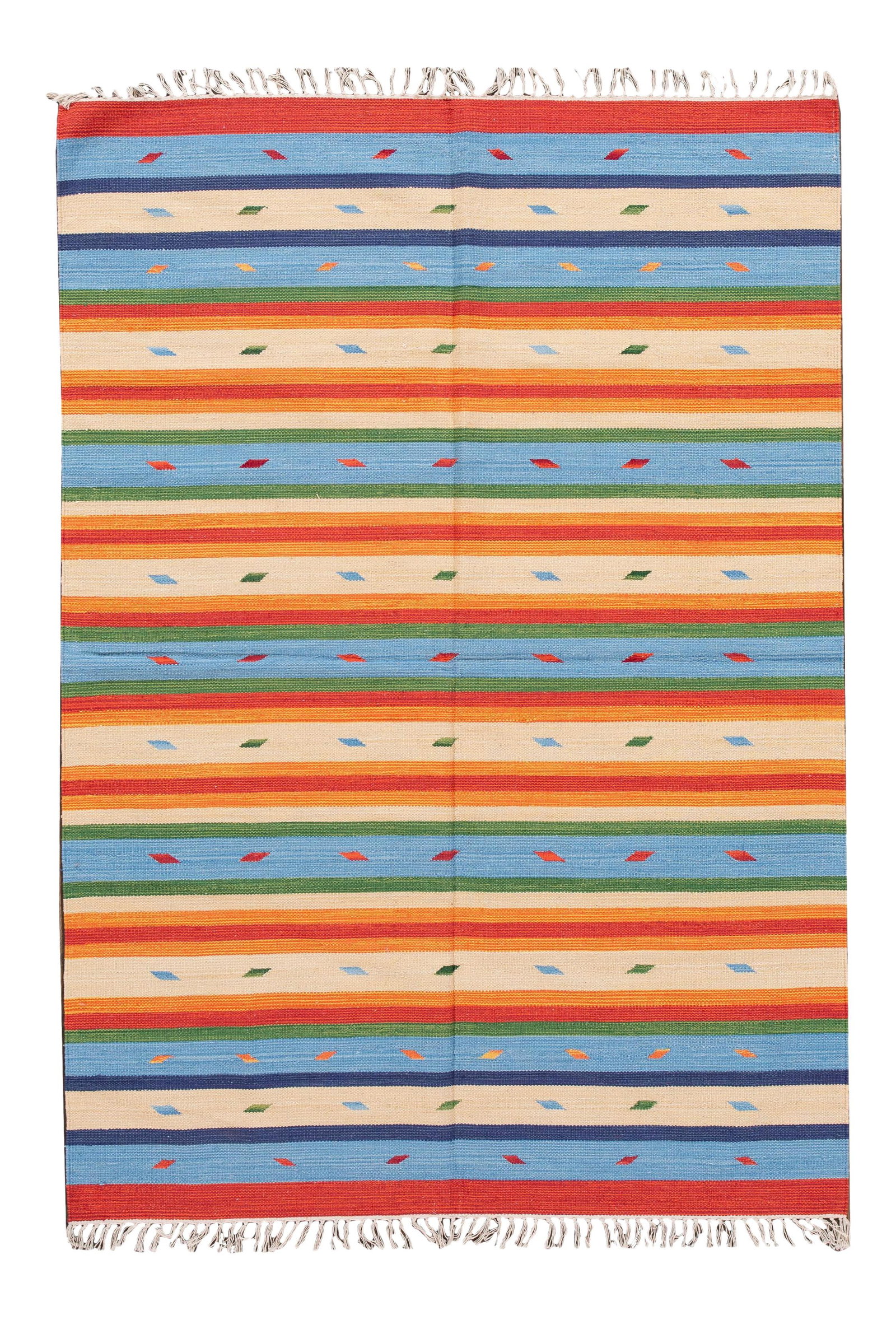 Hand-Woven Modern Kilim Rug Tan Multi-Color Stripes 4'7'' x 6'8'' Wool: Hand-Woven Modern Kilim Rug Tan Multi-Color Stripes 4'7'' x 6'8'' Wool Enhance your space with this stunning hand-woven modern Kilim rug, featuring a tan field complemented by vibrant multi-color acce