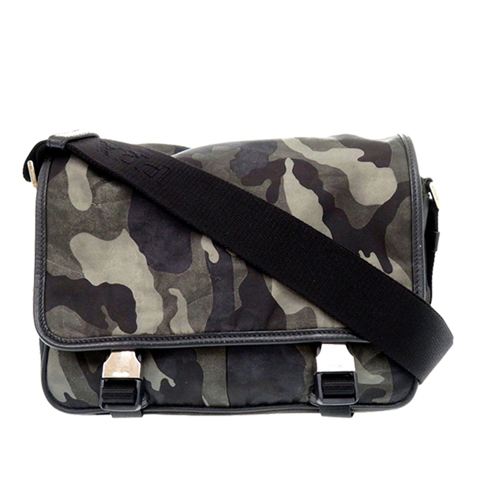 Prada Tessuto Camouflage Crossbody Bag with Saffiano Trim: Prada Tessuto Camouflage Crossbody Bag with Saffiano Trim Prada messenger bag in tessuto camouflage fabric with Saffiano trim and double buckle front flap closure. This crossbody style features an adj