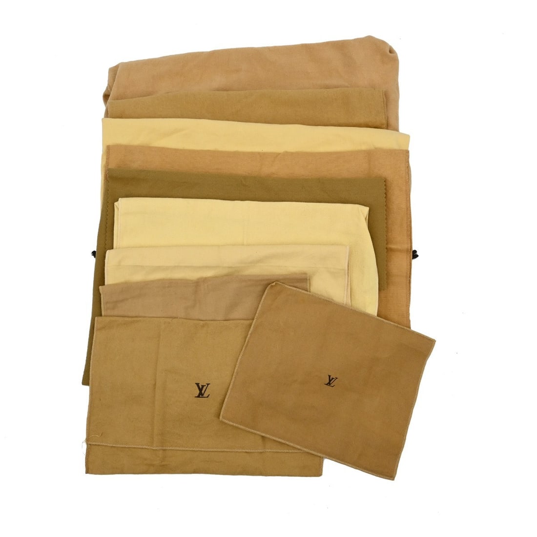 Set of 10 Louis Vuitton cotton dust bags in brown beige: Set of 10 Louis Vuitton cotton dust bags in brown beige Set of 10 authentic Louis Vuitton dust bags in brown and beige cotton. These unisex dust bags show overall signs of use with reasonable wear and