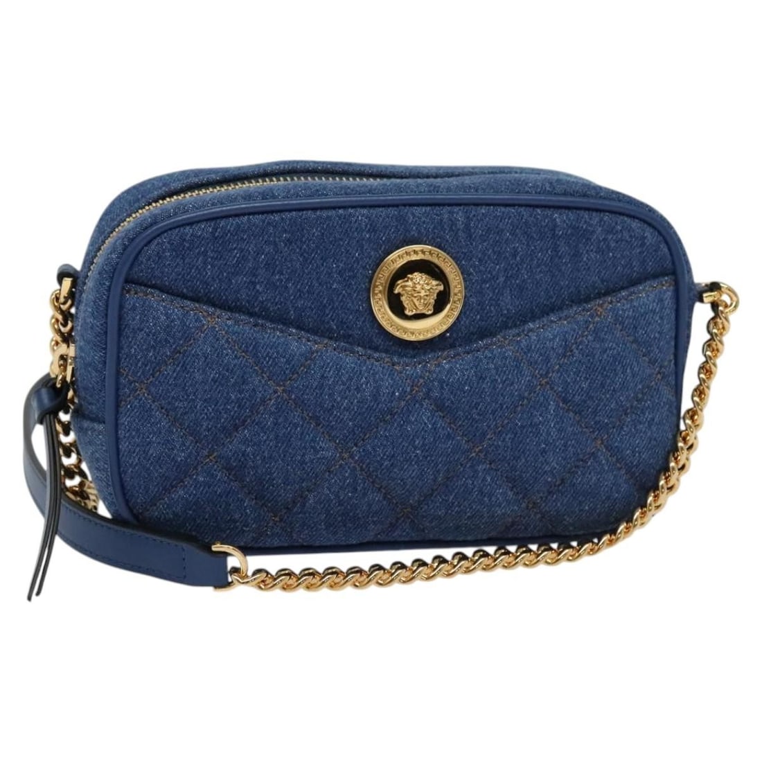 Versace Canvas Blue Gold Women's Shoulder Bag with Dust Bag: Versace Canvas Blue Gold Women's Shoulder Bag with Dust Bag This Versace shoulder bag features a blue and gold canvas exterior, designed for women. The bag includes a detachable shoulder strap with an