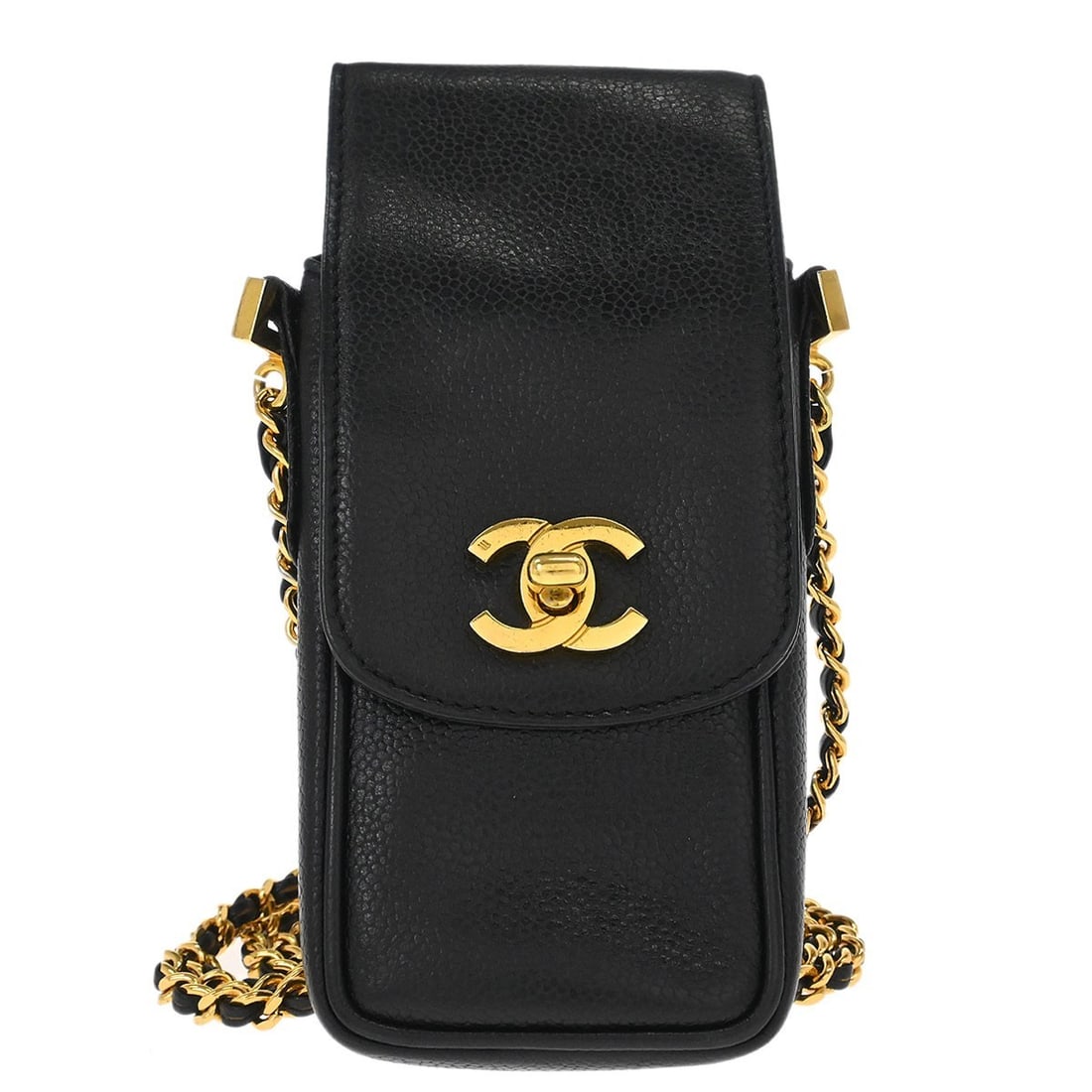 CHANEL Chain Shoulder Bag Black Caviar Leather Crossbody: CHANEL Chain Shoulder Bag Black Caviar Leather Crossbody Compact Chanel pochette phone case crafted in black caviar skin leather with a flap closure and chain shoulder strap. The bag features logo acc