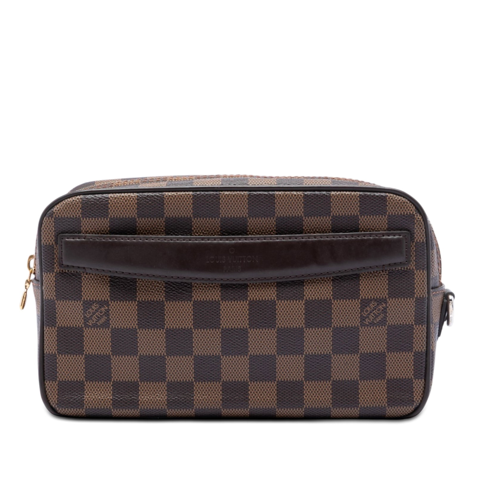 Louis Vuitton Saint Paul Pochette in Damier Ebene Canvas: Louis Vuitton Saint Paul Pochette in Damier Ebene Canvas Louis Vuitton Pochette Saint Paul in Damier Ebene canvas with leather trim and a zip-around closure. The design includes an exterior slip pocke