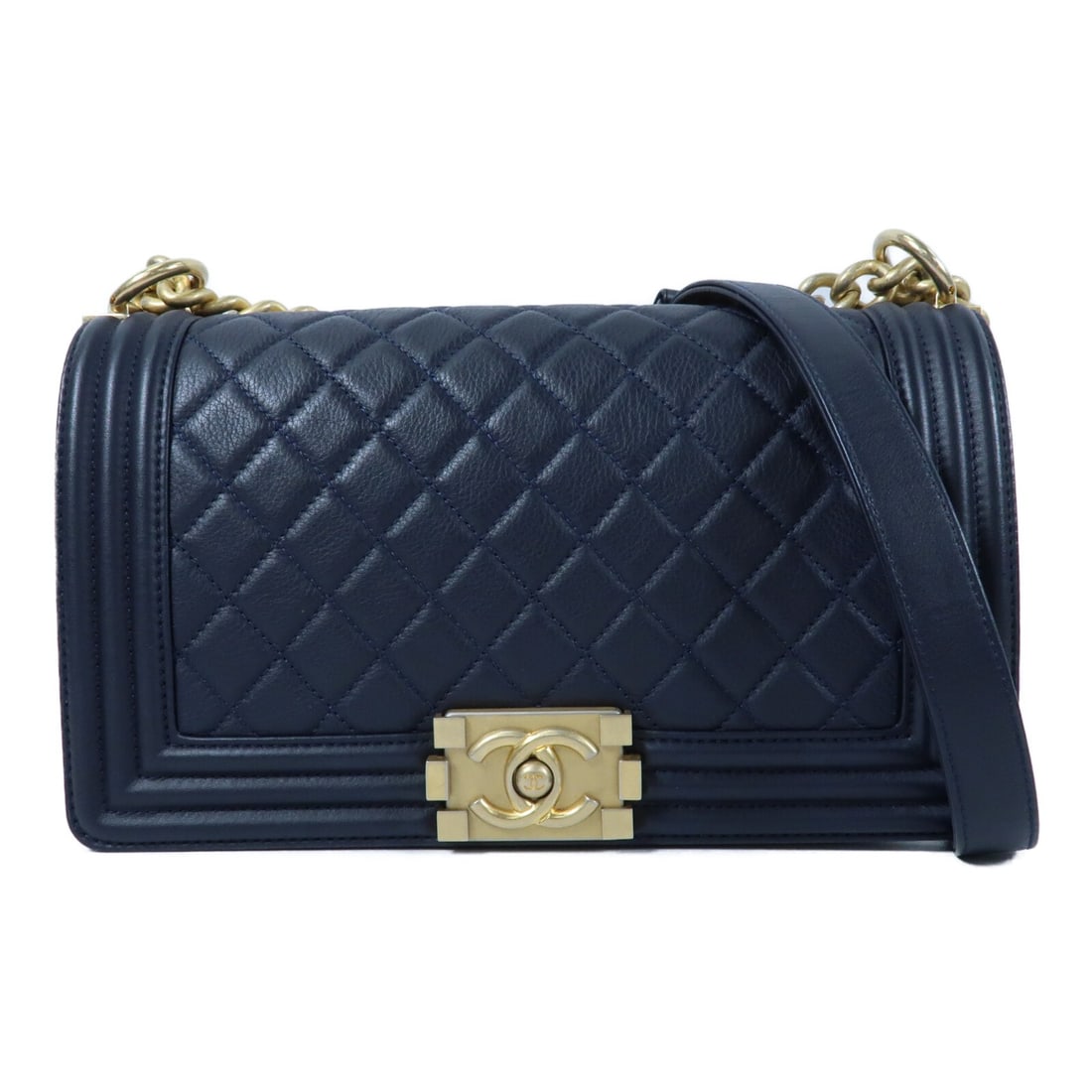 Chanel Boy 25 Navy Lambskin Shoulder Bag with Gold Hardware: Chanel Boy 25 Navy Lambskin Shoulder Bag with Gold Hardware This CHANEL Boy 25 shoulder bag features a navy lambskin leather exterior and a signature CC clasp with gold hardware. Designed for women, t