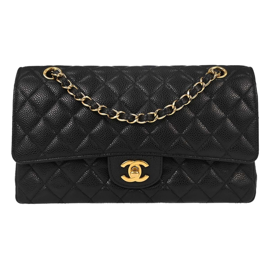CHANEL Classic Double Flap Medium Shoulder Bag Black Leather: CHANEL Classic Double Flap Medium Shoulder Bag Black Leather Chanel Medium Classic Double Flap shoulder bag in black caviar skin leather with a turn-lock closure and shoulder strap. This women's bag f