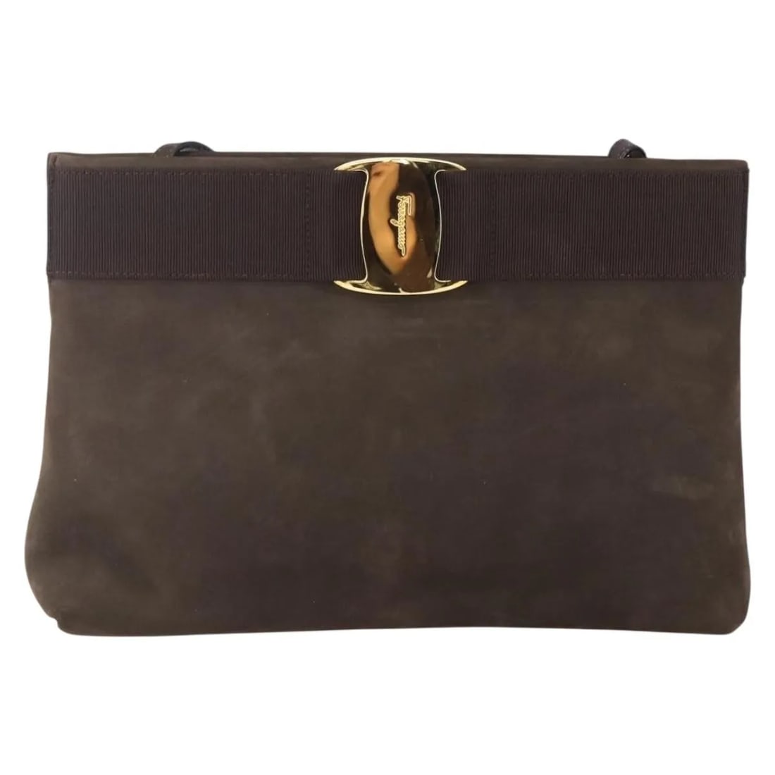 Brown Suede Shoulder Bag Salvatore Ferragamo Vala: Brown Suede Shoulder Bag Salvatore Ferragamo Vala This Salvatore Ferragamo Vala Shoulder Bag features a sophisticated brown suede exterior, designed for women. The bag shows signs of previous use, inc