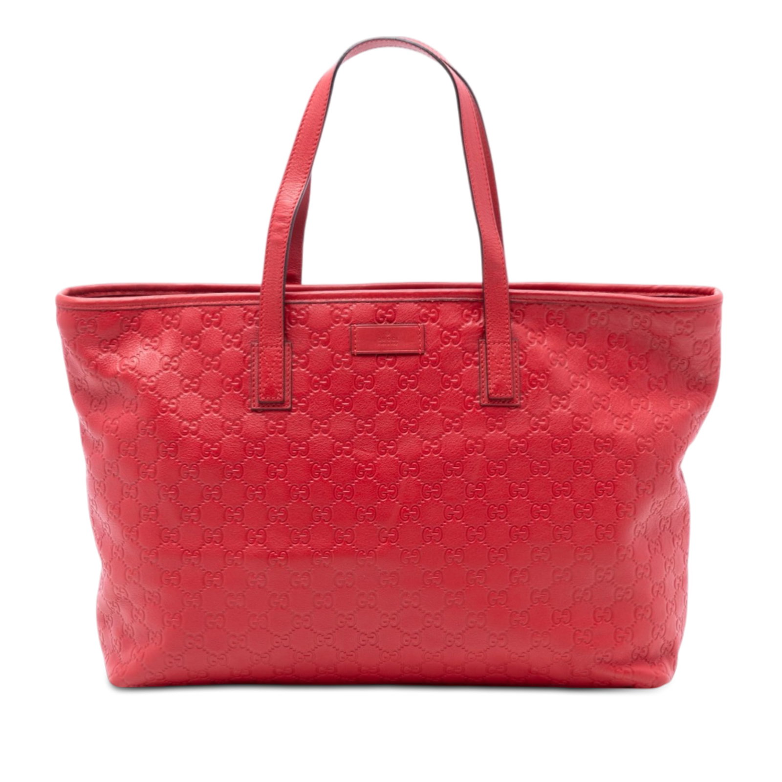 Gucci Guccissima Red Leather Tote Bag with Zip Closure: Gucci Guccissima Red Leather Tote Bag with Zip Closure This large Guccissima tote features a leather body with flat leather handles, a top zip closure, and interior zip and slip pockets. The bag is re