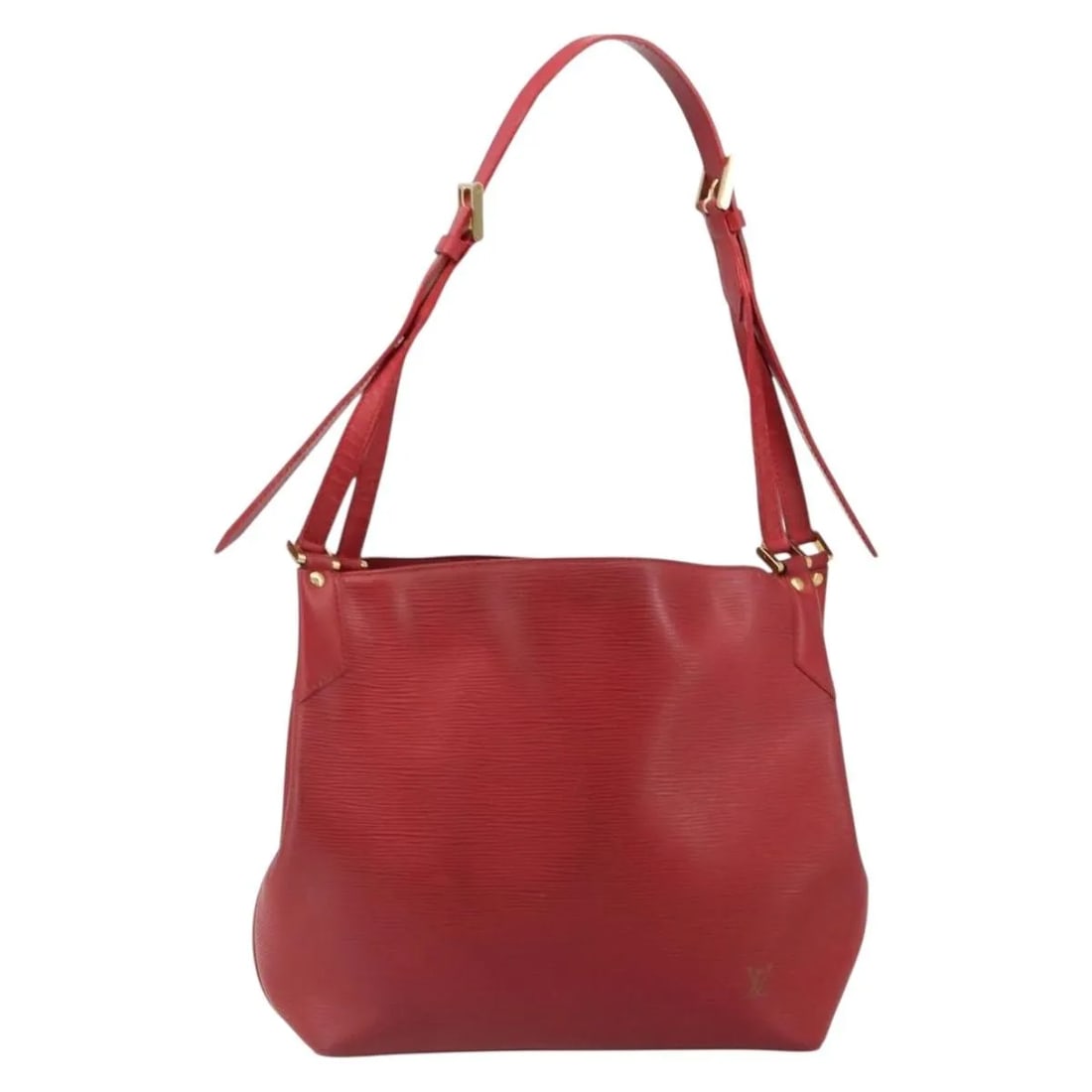 Louis Vuitton Mandara Red Leather Shoulder Bag: Louis Vuitton Mandara Red Leather Shoulder Bag Louis Vuitton Mandara in red leather. This handbag is made in France and is offered in fair condition with visible wear throughout. The exterior shows lo