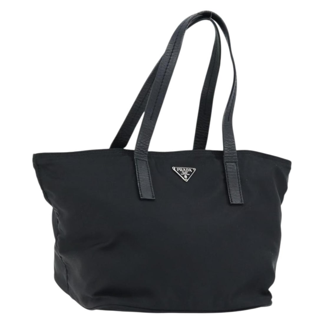 PRADA Black Nylon Hand Bag Silver Tone Made in Italy: PRADA Black Nylon Hand Bag Silver Tone Made in Italy Authentic Prada hand bag in black nylon with silver-tone accents. This women's bag was made in Italy and has a compact silhouette with a single han