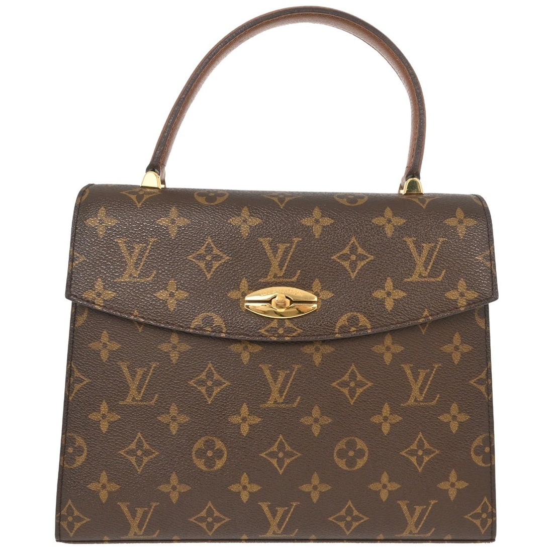 Louis Vuitton Malesherbes Monogram Top Handle Bag M51379 SR1906: Louis Vuitton Malesherbes Monogram Top Handle Bag M51379 SR1906 Vintage Louis Vuitton Malesherbes handbag in brown Monogram canvas with a top handle and clasp closure. The bag features a beige handle,