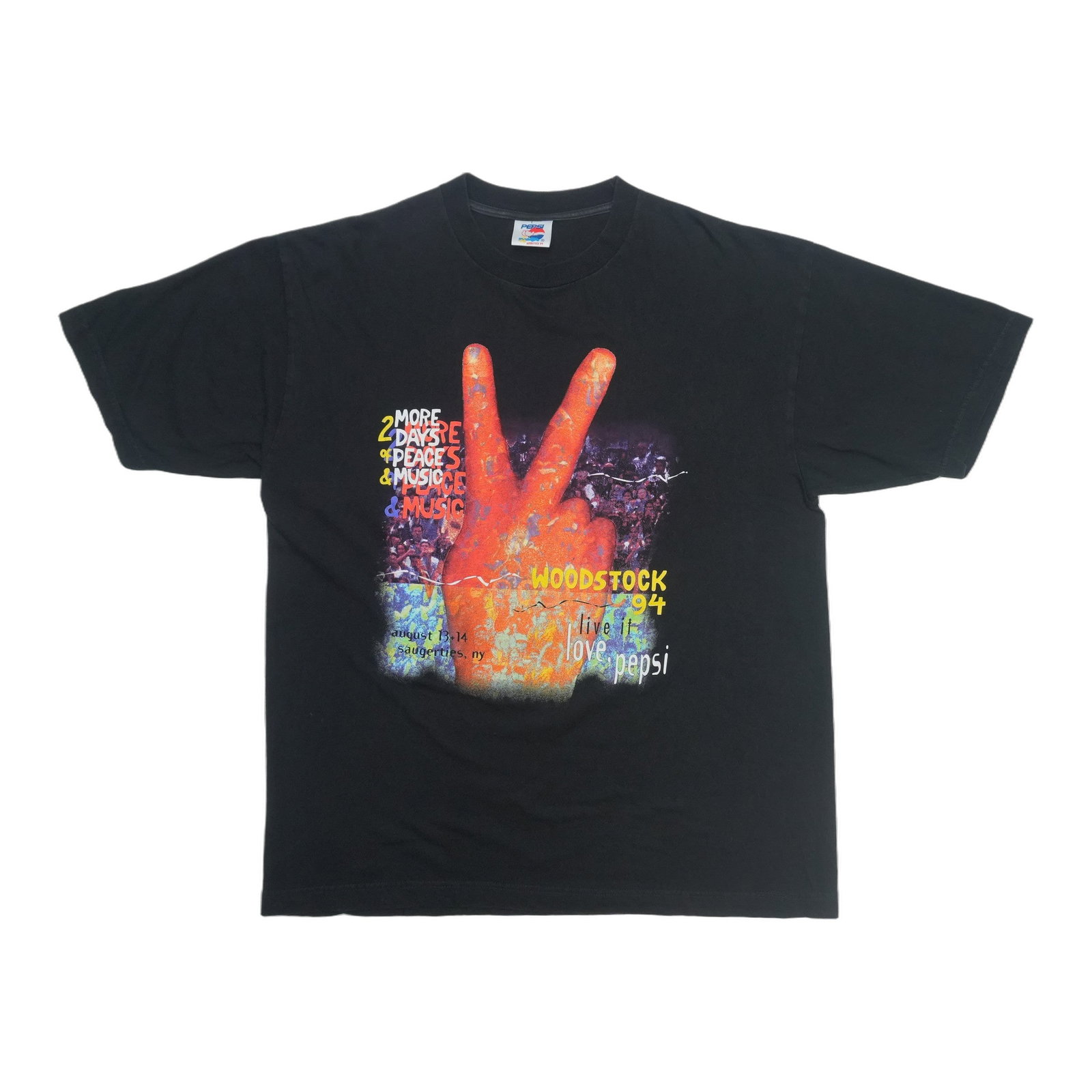 1994 Pepsi Woodstock vintage cotton black XL shirt: 1994 Pepsi Woodstock vintage cotton black XL shirt This is an original vintage 1994 Woodstock "2 More Days Of Peace & Music" Pepsi shirt. The shirt is not a modern reproduction and features a classic 