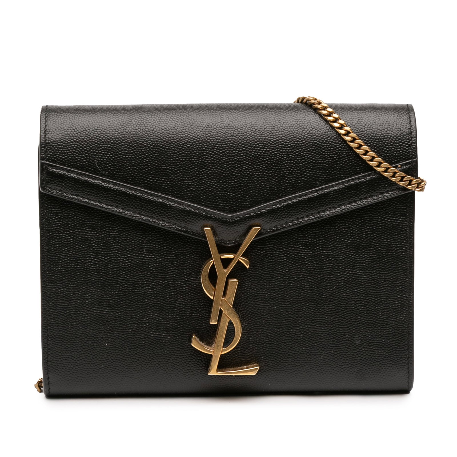 Saint Laurent Cassandra Black Leather Chain Wallet with Monogram Flap: Saint Laurent Cassandra Black Leather Chain Wallet with Monogram Flap This Saint Laurent Grain De Poudre Monogram Cassandra chain wallet is crafted in black leather and features a front flap with magn