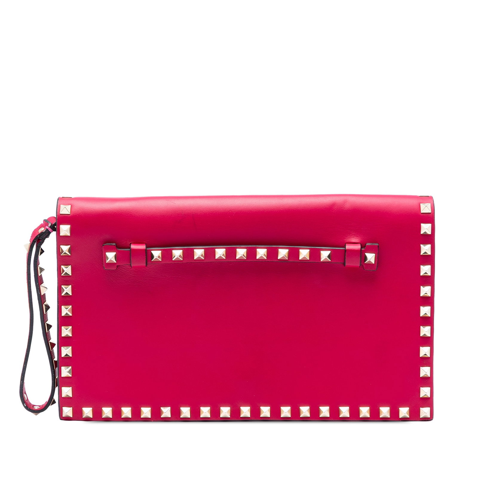 Valentino Rockstud Leather Wristlet Clutch Bag Pink: Valentino Rockstud Leather Wristlet Clutch Bag Pink Valentino Rockstud flap clutch in pink leather with silver-tone stud embellishments and a studded flat leather wrist strap. The front flap secures w