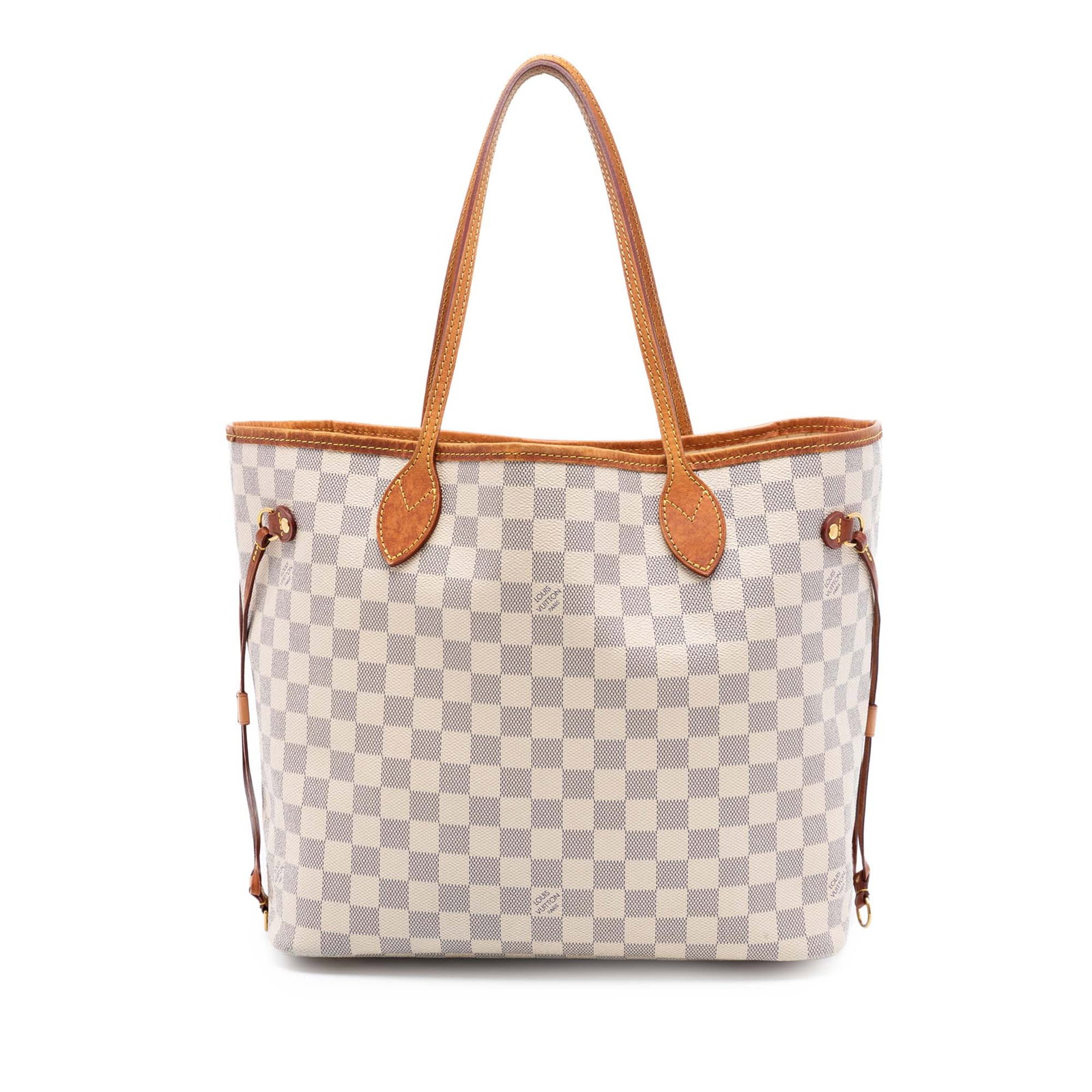 Louis Vuitton Neverfull MM Damier Azur Tote Bag: Louis Vuitton Neverfull MM Damier Azur Tote Bag Louis Vuitton Neverfull MM tote in Damier Azur canvas with vachetta leather trim and flat vachetta leather handles. This open-top bag features a lobster