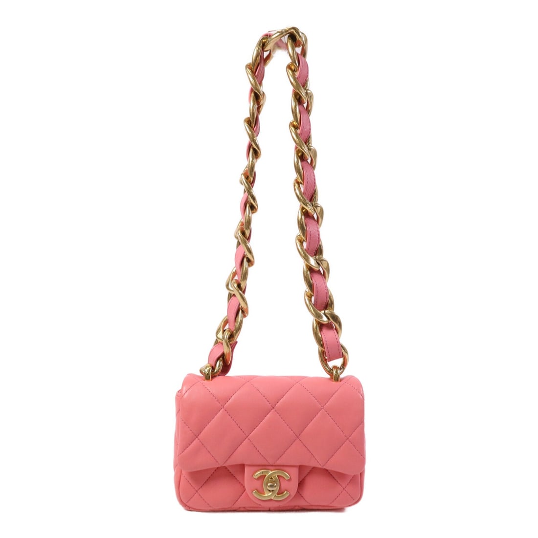 Mini Pink Lambskin Matelasse Shoulder Bag CHANEL CC Chain AS3213 GHW: Mini Pink Lambskin Matelasse Shoulder Bag CHANEL CC Chain AS3213 GHW This CHANEL Mini Matelasse chain shoulder bag features a pink lambskin leather exterior with a classic CC detail. The bag offers a 