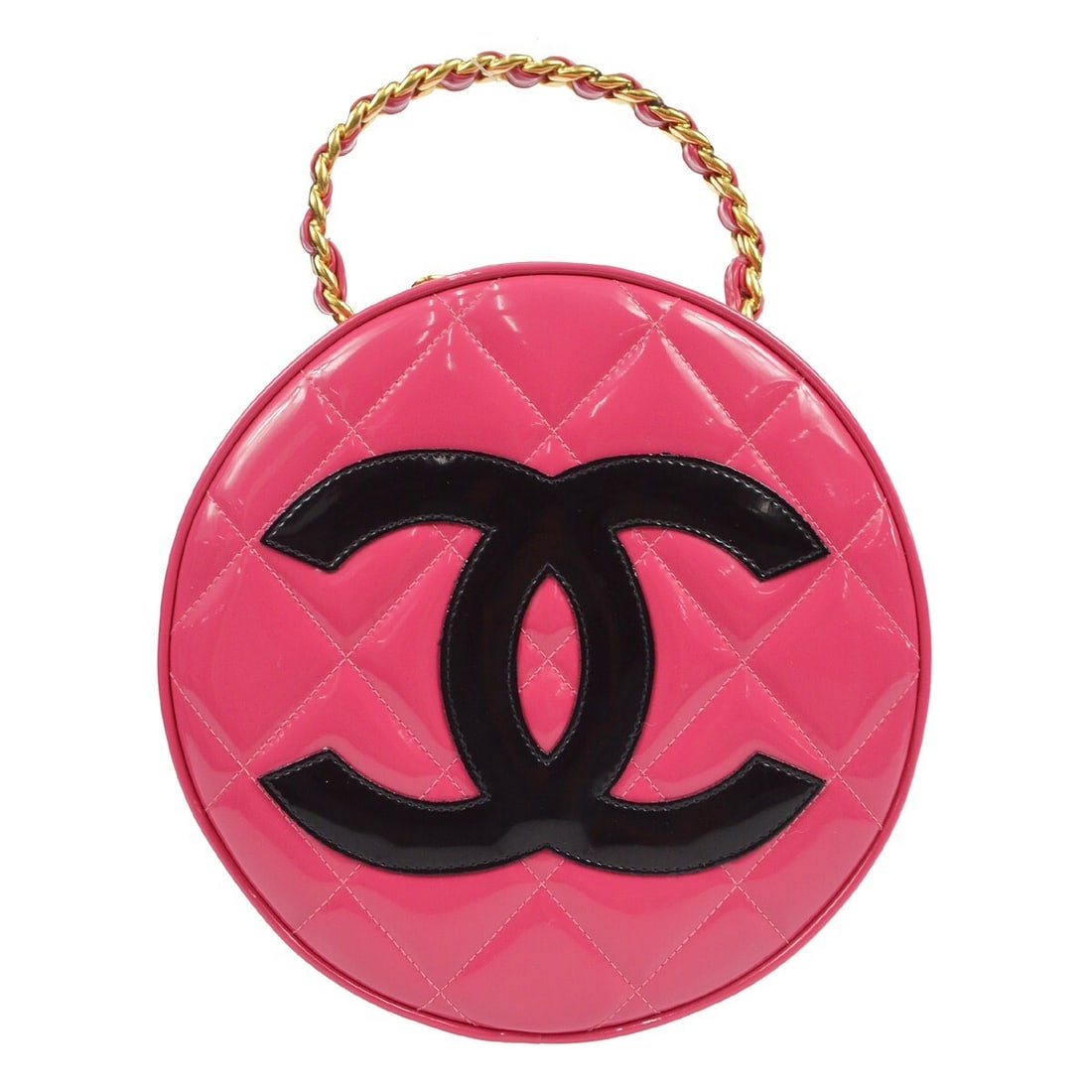 Chanel Quilted Round Vanity Bag Pink Patent Leather: Chanel Quilted Round Vanity Bag Pink Patent Leather Round Chanel vanity handbag in pink patent leather with a matelasse quilted design, black logo accent, top handle, zip closure, and inner pocket. Th