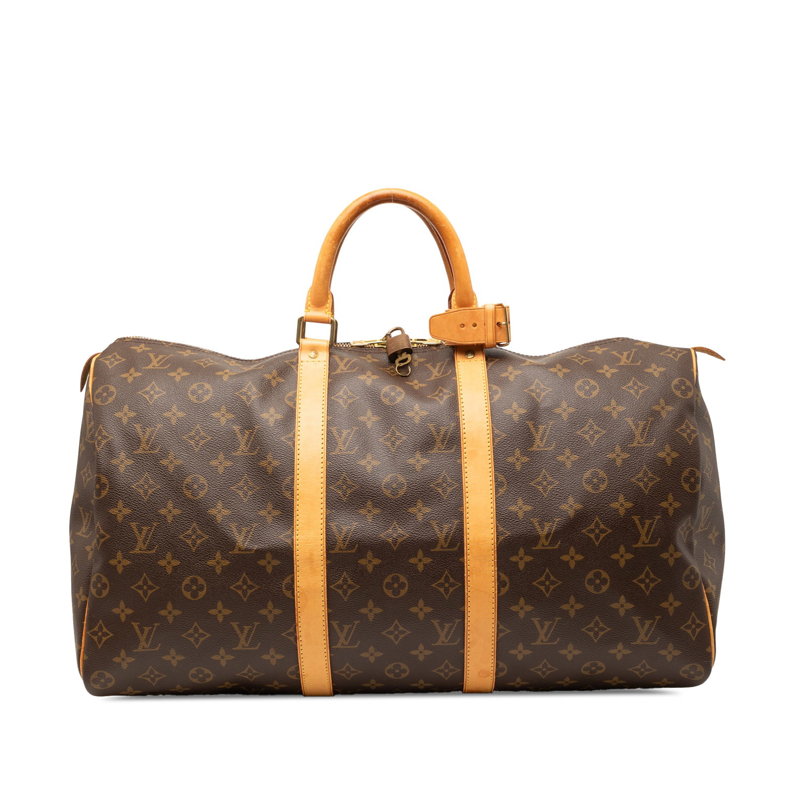 Louis Vuitton Keepall 50 Monogram Travel Bag: Louis Vuitton Keepall 50 Monogram Travel Bag Louis Vuitton Monogram Keepall 50 travel bag crafted with a monogram canvas body, vachetta leather trim, rolled vachetta leather handles, and a top zip clo