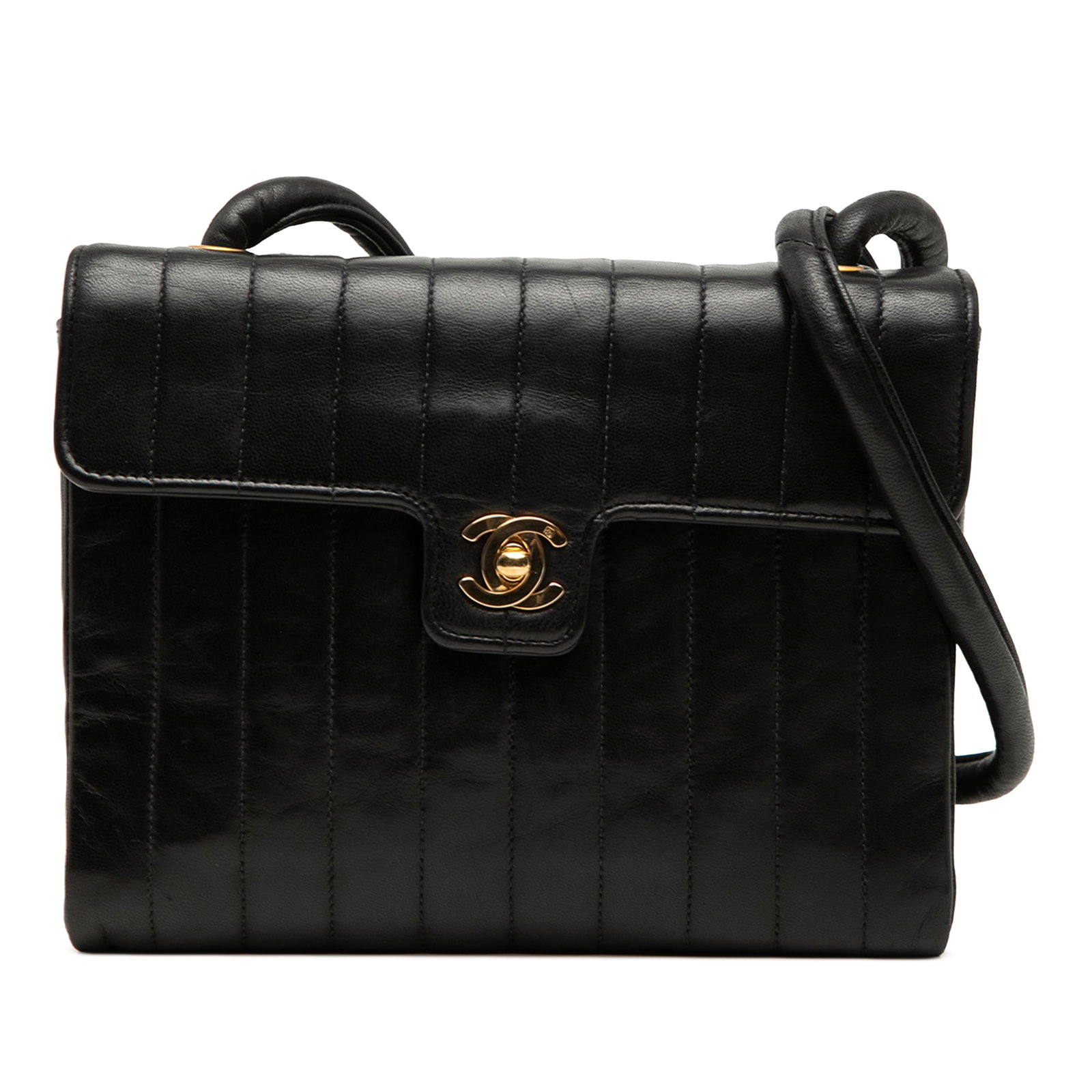 Chanel Small CC Vertical Flap Crossbody Bag in Black Lambskin: Chanel Small CC Vertical Flap Crossbody Bag in Black Lambskin Chanel Small CC Vertical Quilted Lambskin Single Flap crossbody bag in black quilted lambskin. This bag features a rolled leather strap, a
