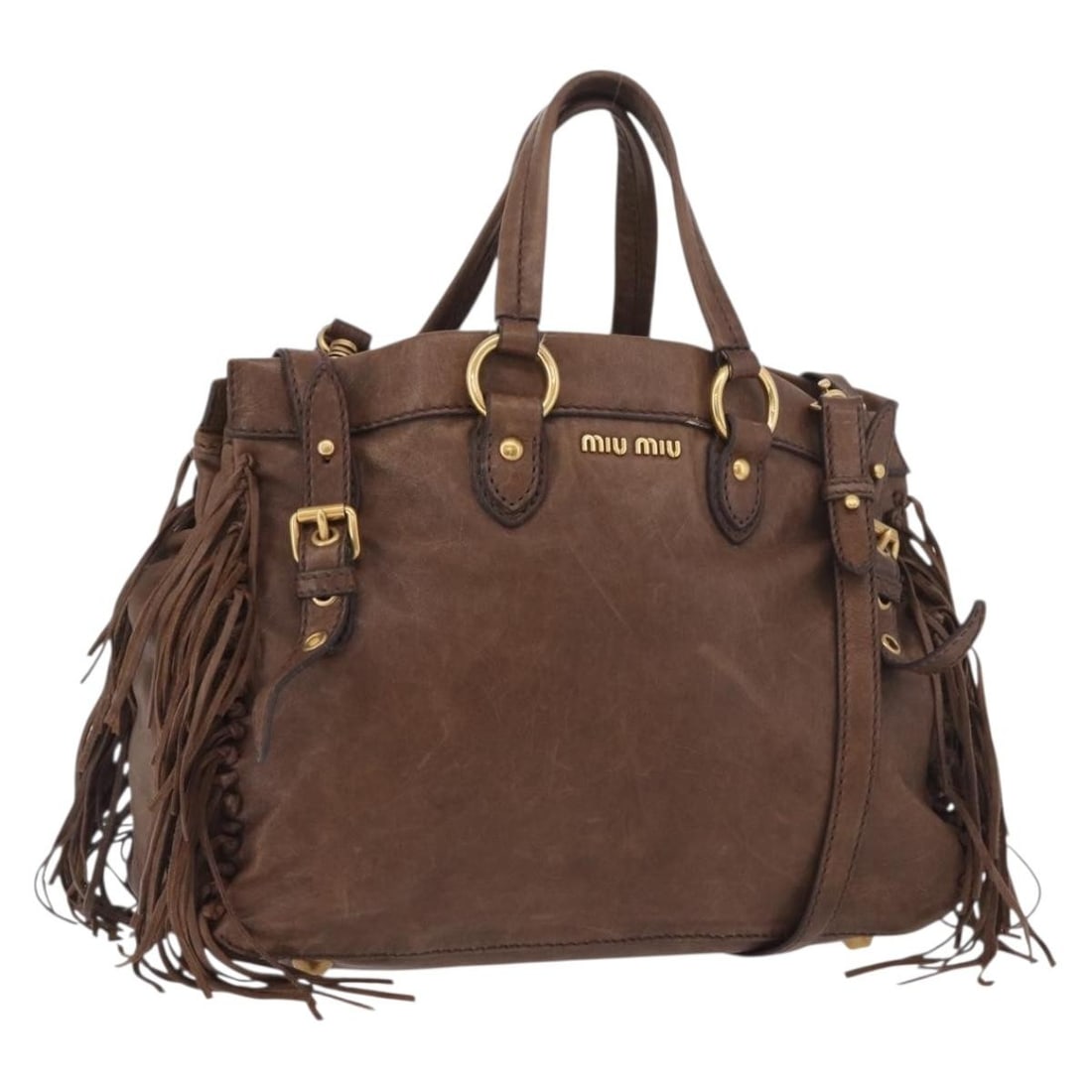 Miu Miu Brown Leather 2 Way Handbag with Shoulder Strap: Miu Miu Brown Leather 2 Way Handbag with Shoulder Strap Miu Miu 2-way handbag in brown leather with gold-tone accents. This women's bag includes a shoulder strap and can be carried by hand or worn ove