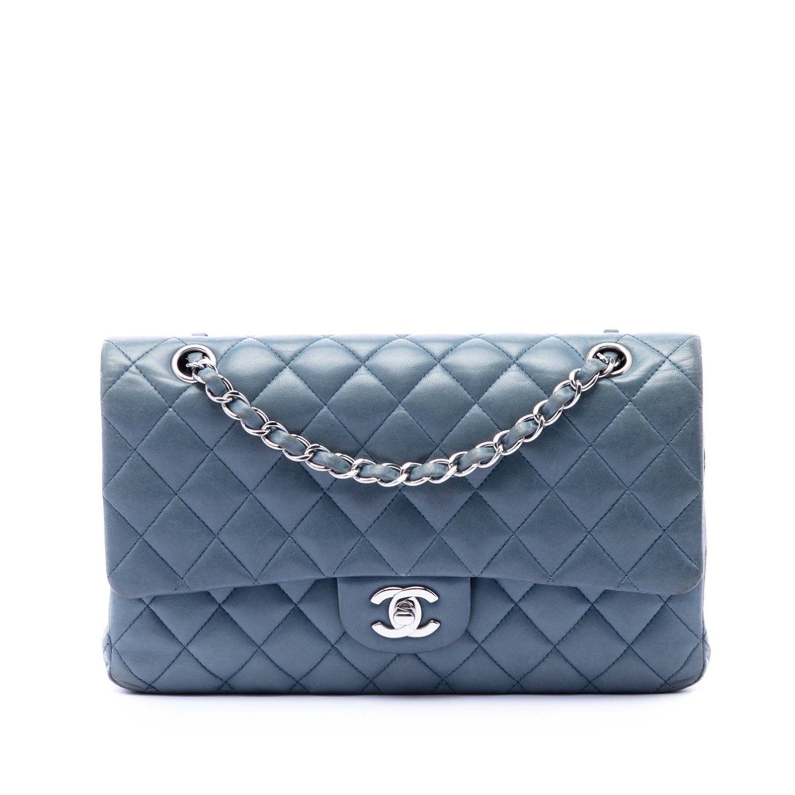 Blue Chanel Medium Classic Double Flap Lambskin Shoulder Bag: Blue Chanel Medium Classic Double Flap Lambskin Shoulder Bag Medium Classic Lambskin Double Flap shoulder bag in blue quilted lambskin with leather-woven chain straps, double front flaps, interlocking