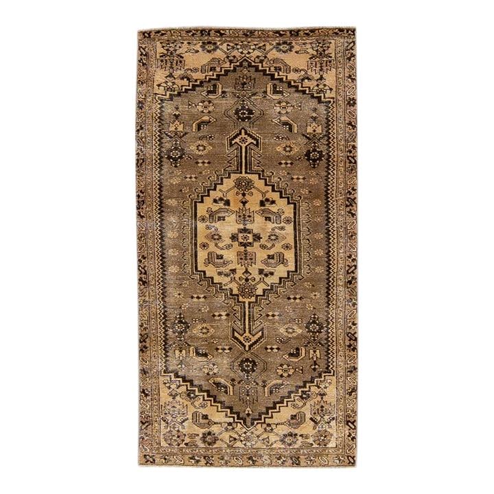 1960s Handmade Persian Medallion Wool Rug Brown 3'1" x 6'2": 1960s Handmade Persian Medallion Wool Rug Brown 3'1" x 6'2" This exquisite 1960s vintage Persian rug features a beautifully distressed design, hand-knotted with high-quality wool. The rich brown color
