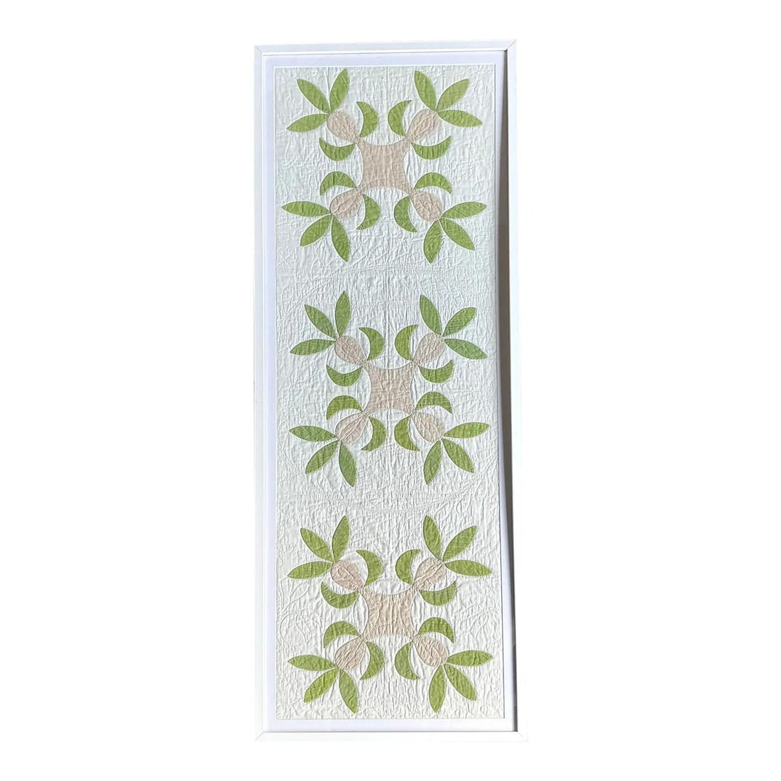 Framed Textile Art Quilt Panel With Palm Frond Applique 61" Tall: Framed Textile Art Quilt Panel With Palm Frond Applique 61" Tall This vintage Regency framed quilt panel features a serene motif of stylized palm fronds in soft sage green and neutral beige on an off-