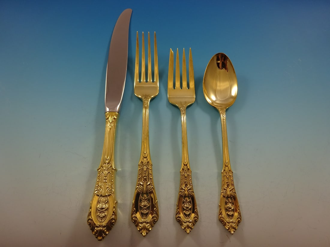 Wallace Rose Point Gold Vermeil Sterling Silver Flatware Set 48 Pc (1 of 4)