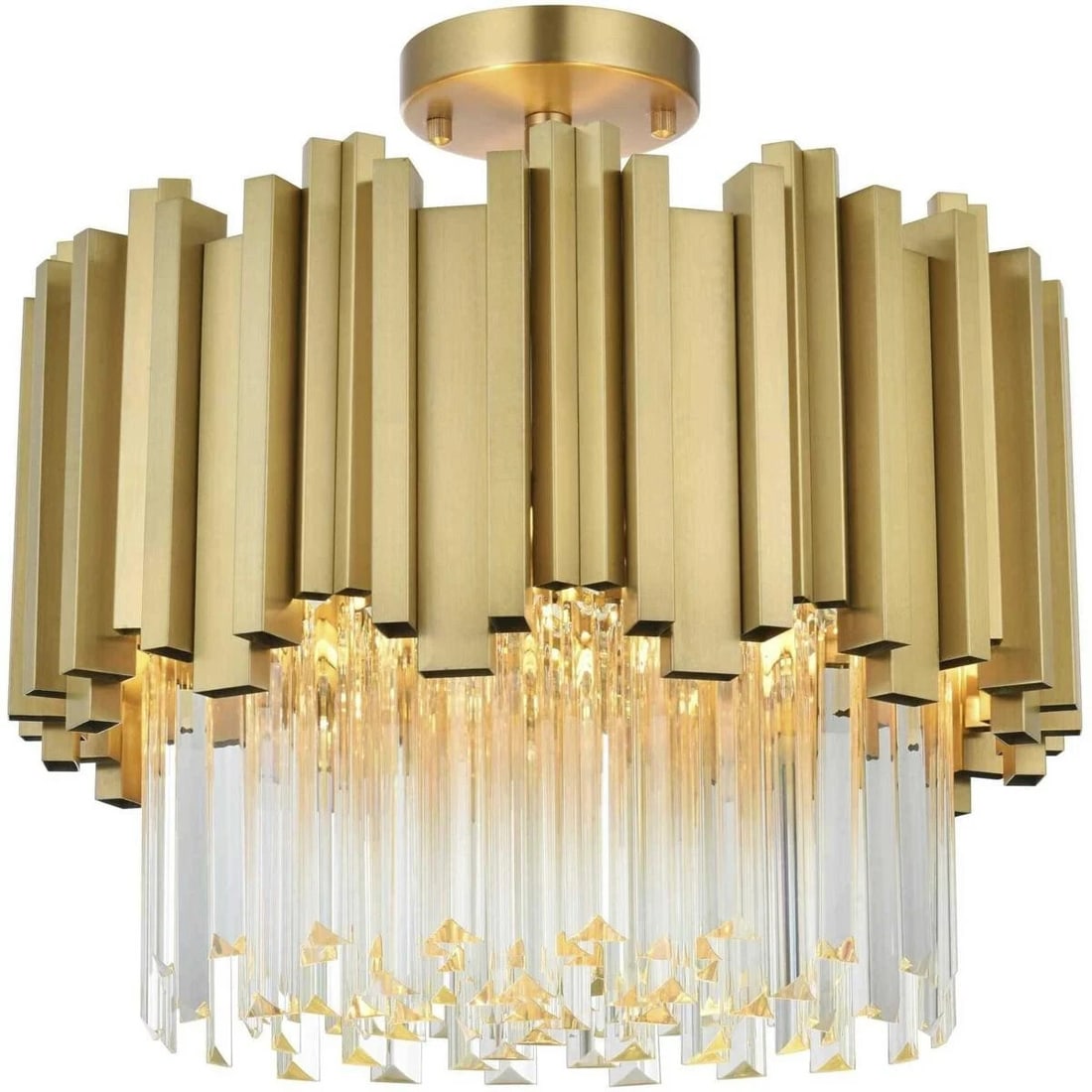 Elegant Willow 4-Light Satin Gold Crystal Flush Mount Chandelier 16 inch: Elegant Willow 4-Light Satin Gold Crystal Flush Mount Chandelier 16 inch Illuminate your space with this stunning 16-inch Crystal Flush Mount Chandelier. Featuring a sleek satin gold finish, this mode