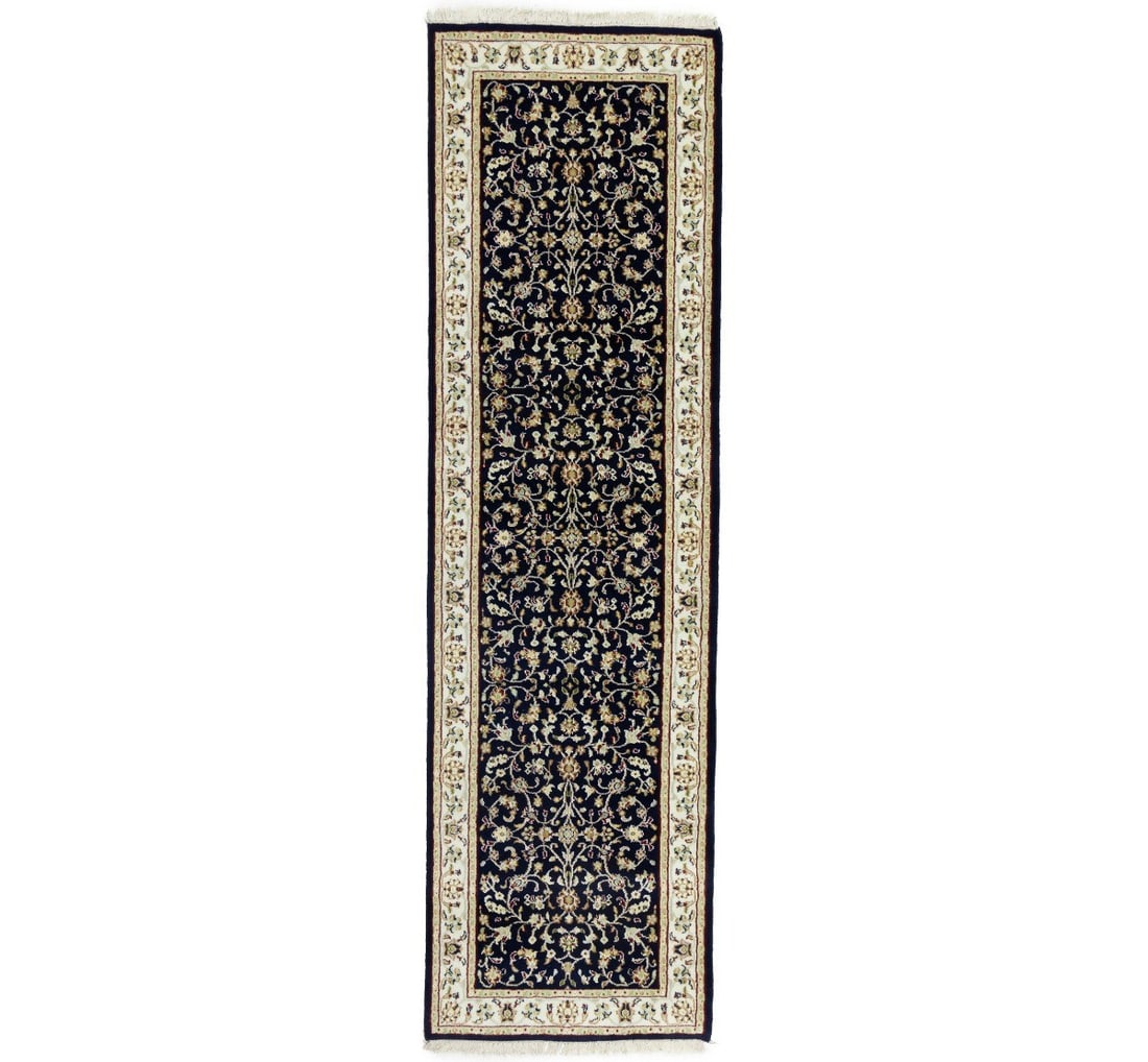 Hand-Knotted Wool Silk Runner Rug Floral Pattern 2'5 x 8'4 Modern Indo-Nain: Hand-Knotted Wool Silk Runner Rug Floral Pattern 2'5 x 8'4 Modern Indo-Nain This hand-knotted runner rug features a floral design in dark navy, cream, red, light grey, green, tan, and brown tones. Cra