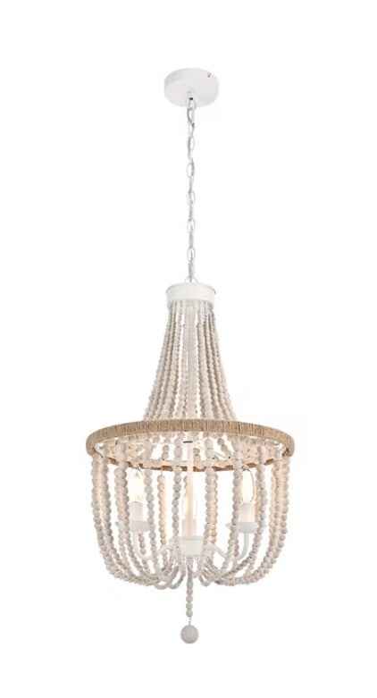 LIVING DISTRICT Jolie 3-Light Antique White Chandelier: LIVING DISTRICT Jolie 3-Light Antique White Chandelier This farmhouse-style chandelier features an antique white finish with wood bead embellishments and hand rope knot accents, creating a rustic and 