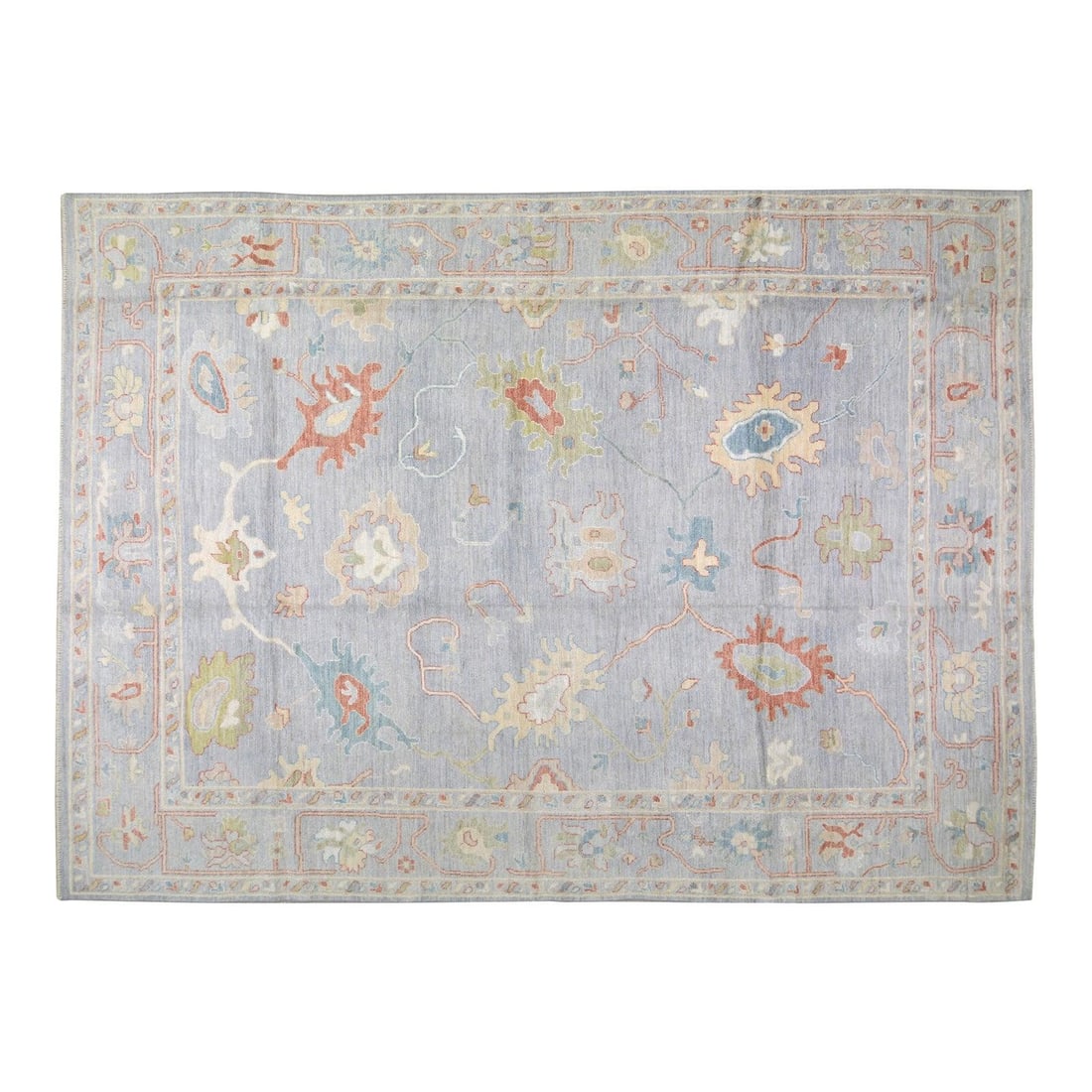 9'10 x 13'8 Blue Wool Floral Oushak Hand Knotted Area Rug: 9'10 x 13'8 Blue Wool Floral Oushak Hand Knotted Area Rug This Oushak hand-knotted rug features a fine weave and an elegant floral design. Crafted from wool, it showcases a blue color palette. The rug