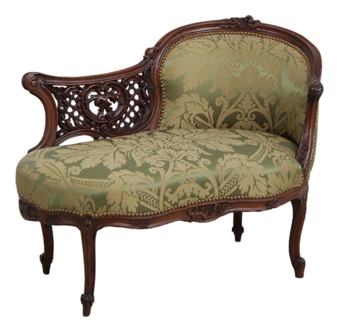 1930s French Louis XV Petite Green Damask Chaise Lounge (1 of 10)