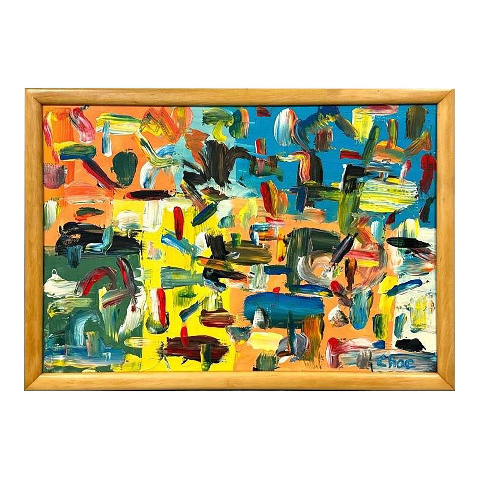 Chromatic Symphony Abstract Art by Chae Flux in Maple Frame: Chromatic Symphony Abstract Art by Chae Flux in Maple Frame Chromatic Symphony by Chae Flux is a stunning abstract painting that features an explosion of vibrant colors, creating a captivating visual 