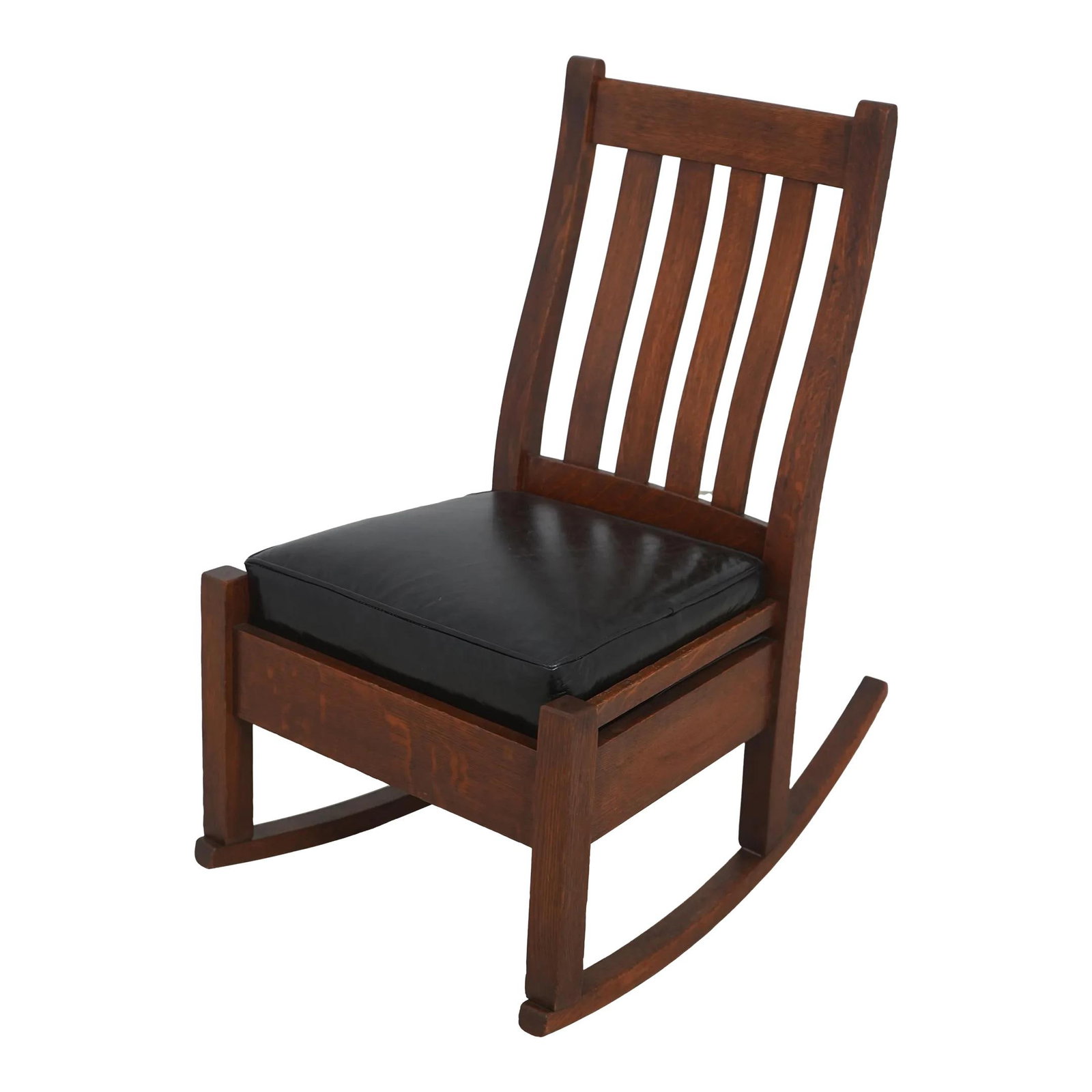 Stickley Brothers Arts & Crafts Mission Oak Nursing Rocker with Black Leather Seat: Stickley Brothers Arts & Crafts Mission Oak Nursing Rocker with Black Leather Seat Experience the charm of the early 20th century with this Stickley Brothers Quaint Small Mission Oak Nursing Rocker. C