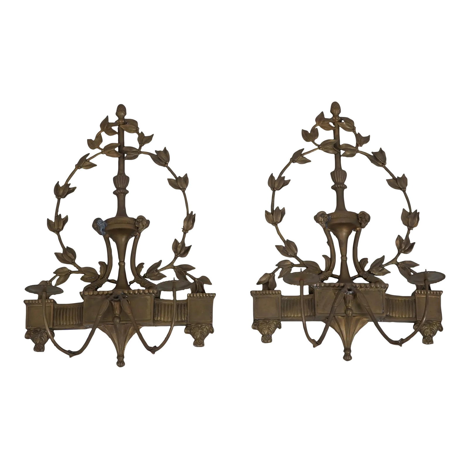 Elegant Pair of Bronze Rams Head Candelabras Regency Style: Elegant Pair of Bronze Rams Head Candelabras Regency Style This exquisite pair of Regency style candelabras features intricately designed bronze rams' heads atop urn centers, showcasing high-quality c