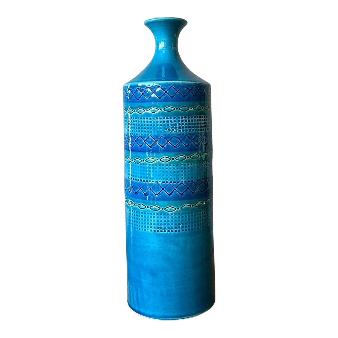 Mid-Century Italian Aqua Blue Glazed Ceramic Vase with Geometric Motifs (1 of 5)