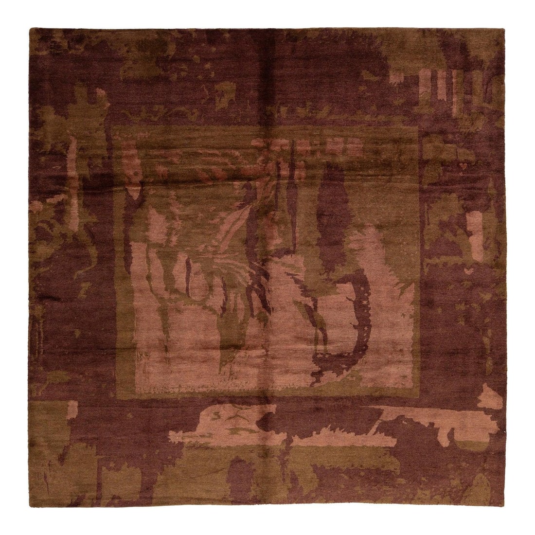 8'10" x 9' Modern Tibetan Hand-Knotted Wool and Silk Earth Tone Rug: 8'10" x 9' Modern Tibetan Hand-Knotted Wool and Silk Earth Tone Rug This modern Tibetan rug beautifully combines contemporary artistry with traditional hand-knotting techniques. Made from a blend of h