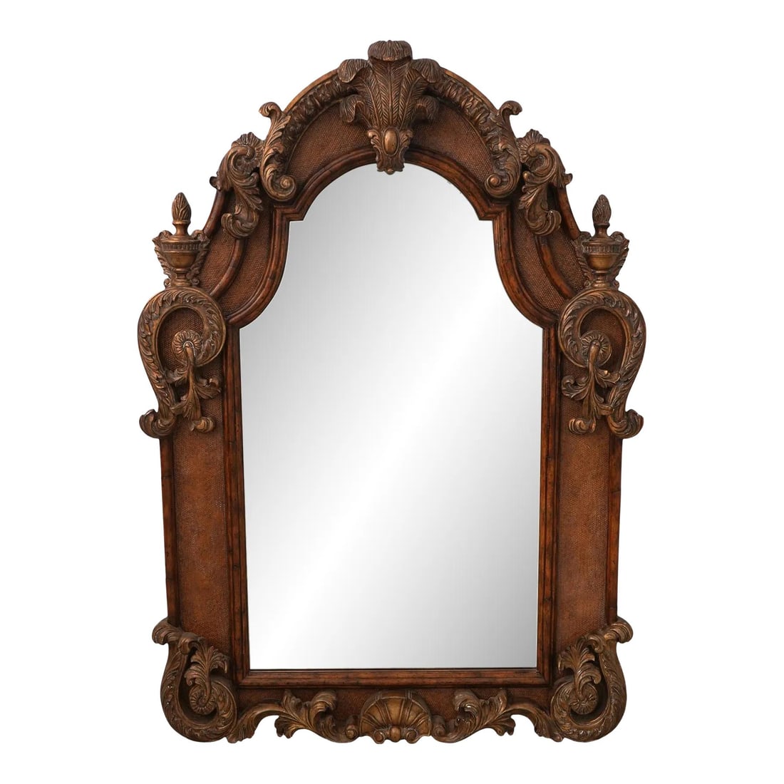 Maitland Smith Ornate Rattan Trim Mirror 44x62.5: Maitland Smith Ornate Rattan Trim Mirror 44x62.5 This large ornate mirror by Maitland Smith features exquisite rattan trim and a walnut finish, showcasing quality craftsmanship. The impressive size an
