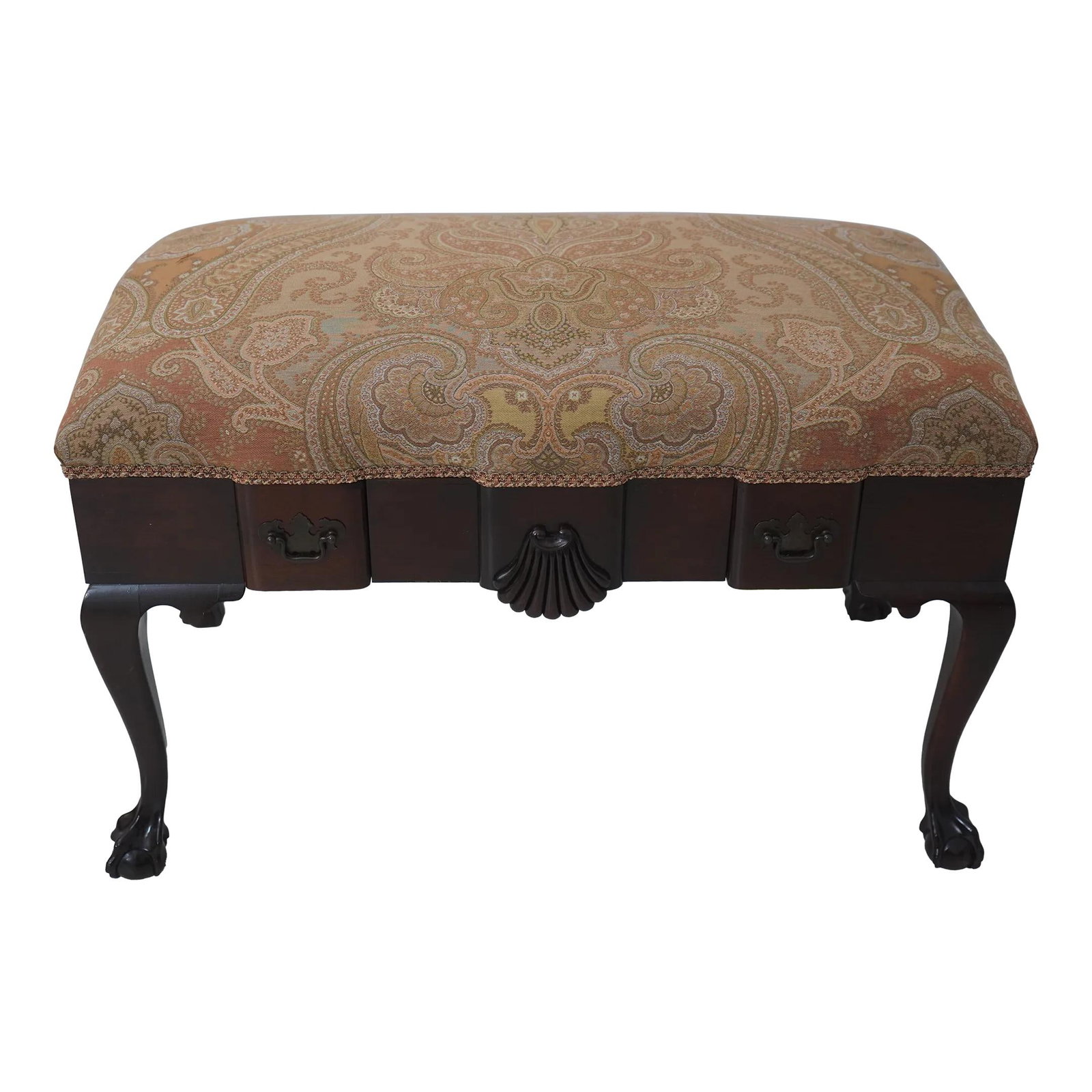 Chippendale Style Ottoman with 2 Drawers and Claw Feet: Chippendale Style Ottoman with 2 Drawers and Claw Feet This exquisite Chippendale claw foot ottoman combines timeless elegance with practical functionality. Crafted in the 1940s, it features brand new