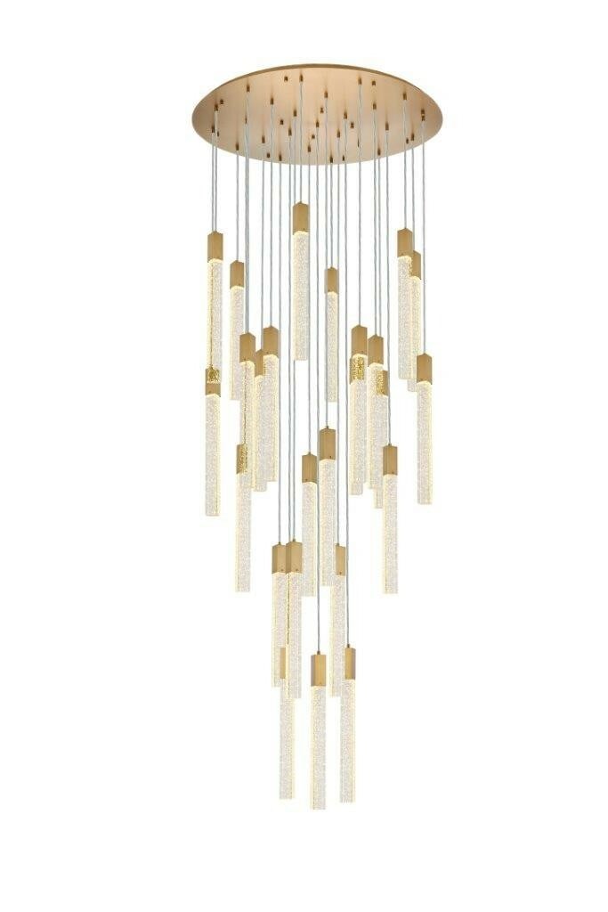 Weston 25 Light Satin Gold Crystal Pendant Chandelier: Weston 25 Light Satin Gold Crystal Pendant Chandelier This modern crystal pendant chandelier features a striking square design with 25 lights, ideal for illuminating dining rooms, kitchens, living roo