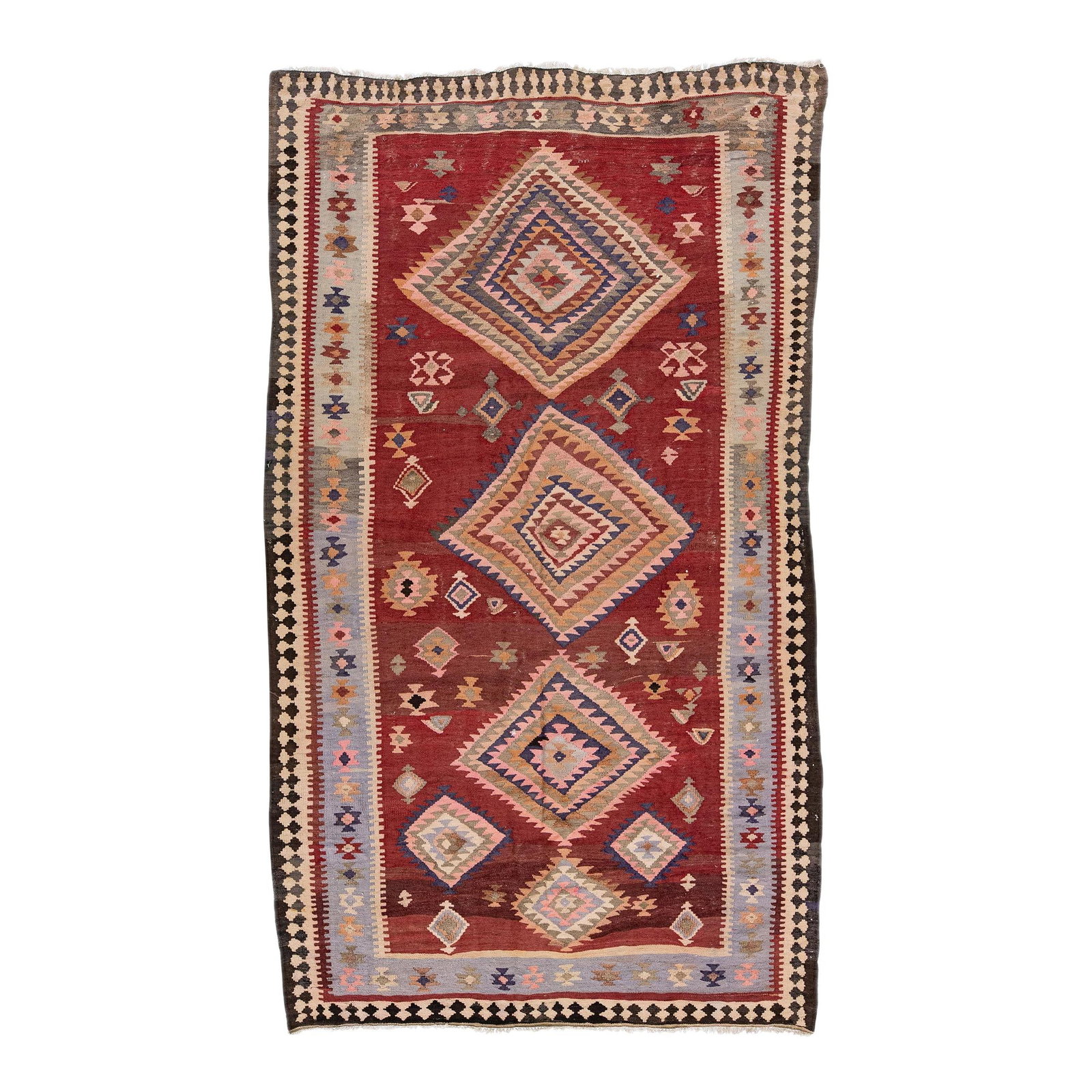 1960s Handmade Turkish Kilim Red Wool Tribal Rug 5'10 x 10'2: 1960s Handmade Turkish Kilim Red Wool Tribal Rug 5'10 x 10'2 Discover this stunning vintage Turkish Kilim rug, meticulously hand-knotted from wool and featuring a vibrant red field. Adorned with multi