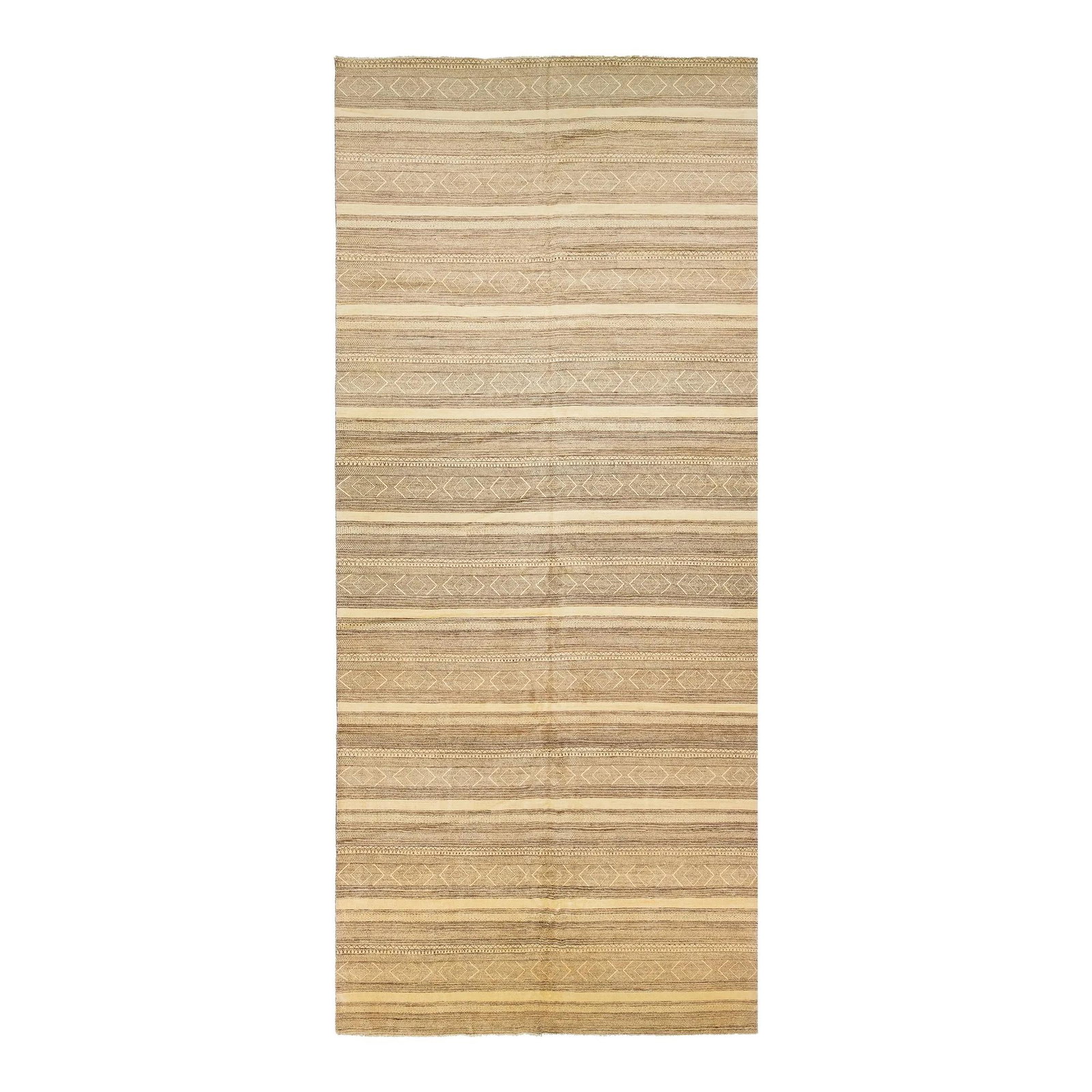 Oversized Gabbeh Beige Wool Rug 9'2 x 21'1 Geometric Design: Oversized Gabbeh Beige Wool Rug 9'2 x 21'1 Geometric Design Enhance your space with this stunning oversized Gabbeh wool rug, skillfully hand-crafted to showcase geometric patterns in rich brown accent