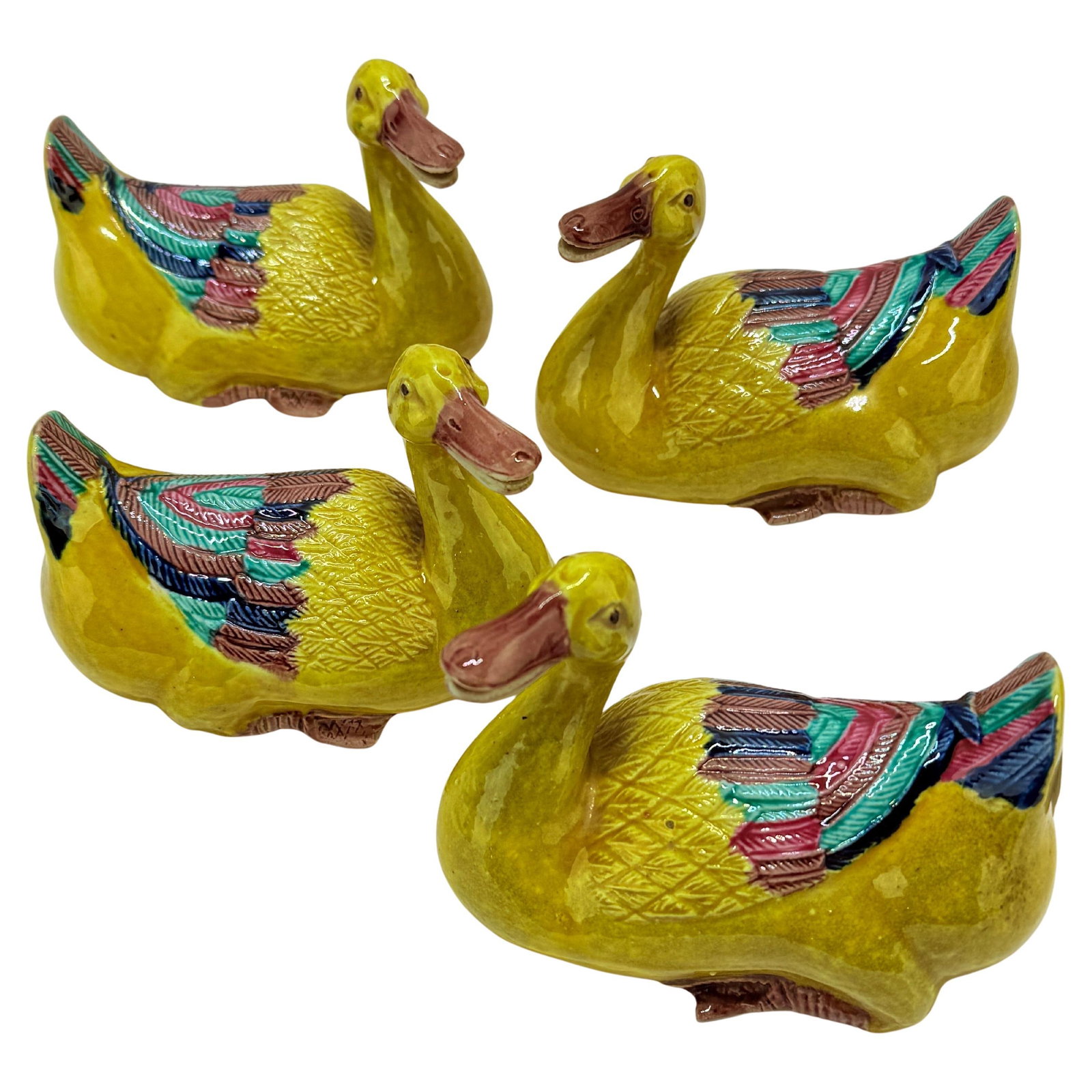 Set of 4 Antique Chinese Export Famille Jaune Duck Brush Rests: Set of 4 Antique Chinese Export Famille Jaune Duck Brush Rests This exquisite set of four antique Chinese export porcelain famille jaune duck models is a charming addition to any collection. Crafted i