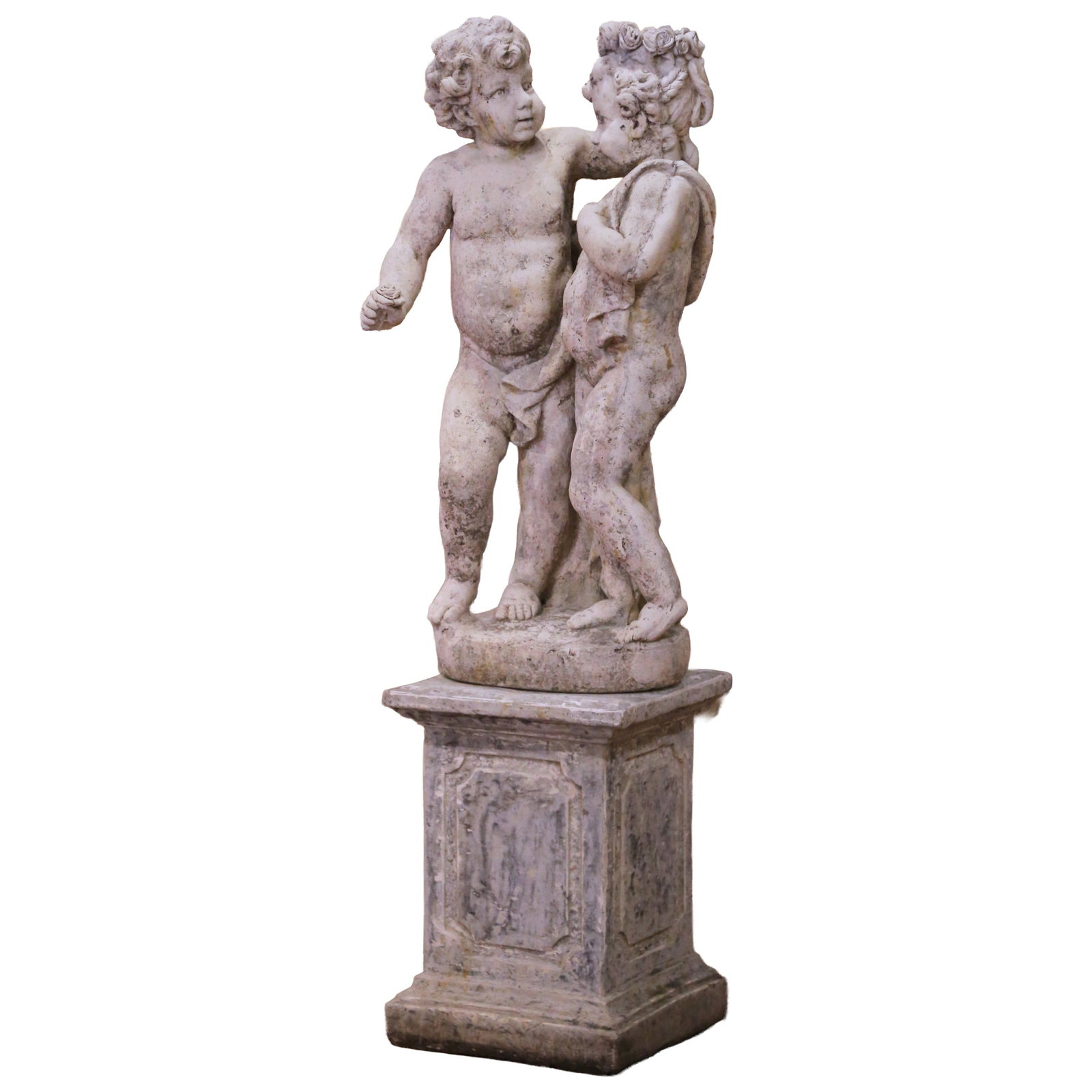 French cast stone cherub sculpture on pedestal (1 of 14)
