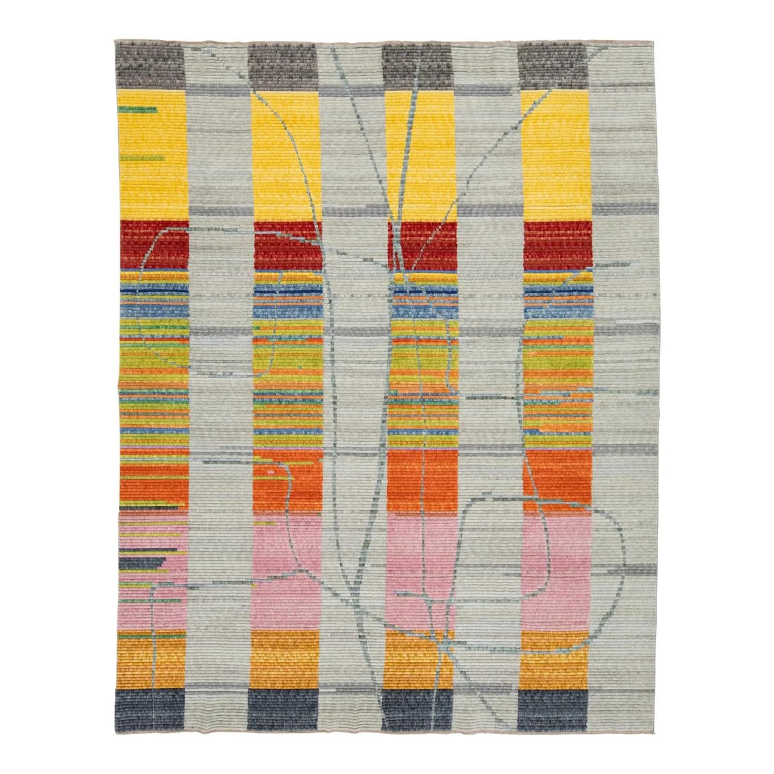Modern Turkish Gray Wool Rug 9'1 x 11'7 Multicolor Abstract Design: Modern Turkish Gray Wool Rug 9'1 x 11'7 Multicolor Abstract Design Enhance your space with this exquisite hand-loomed modern wool rug, featuring a striking light gray backdrop beautifully contrasted b