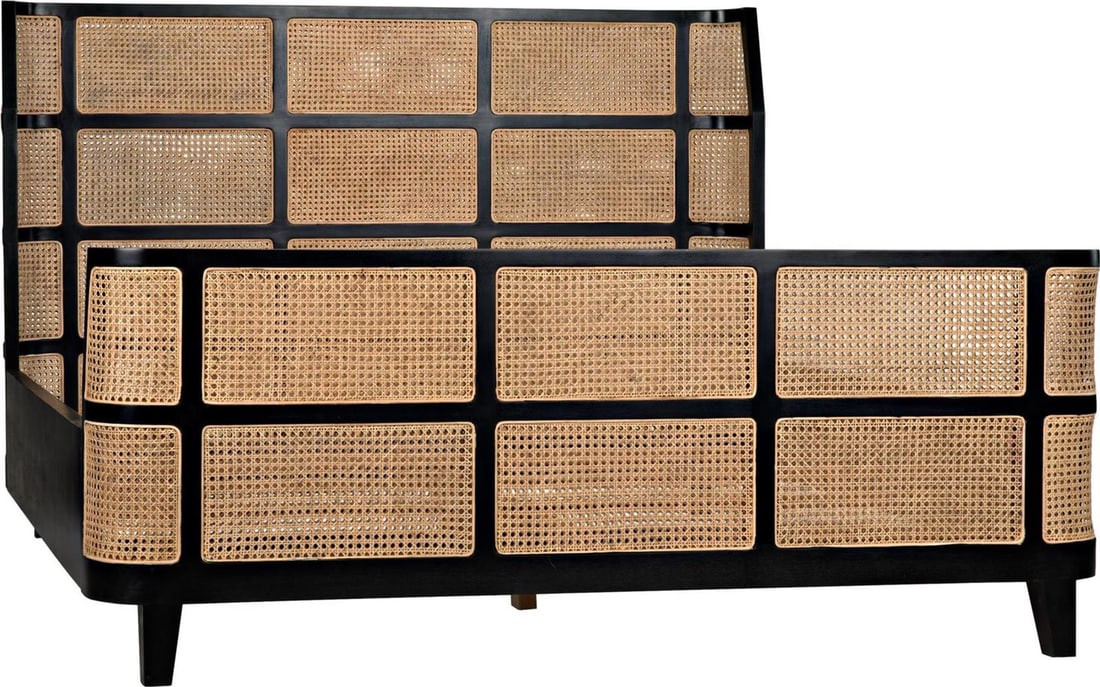 Noir Porto Bed Eastern King Hand-Rubbed Black Caning Teak: Noir Porto Bed Eastern King Hand-Rubbed Black Caning Teak Transform your bedroom with this exquisite Eastern King Porto Bed in a stunning hand-rubbed black finish. Crafted from high-quality caning tea